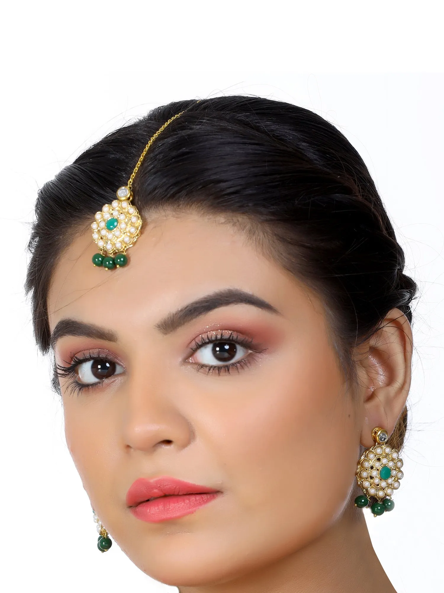 Gold Plated Green Beads Kundan Dangler Earrings with Maangtikka for Women