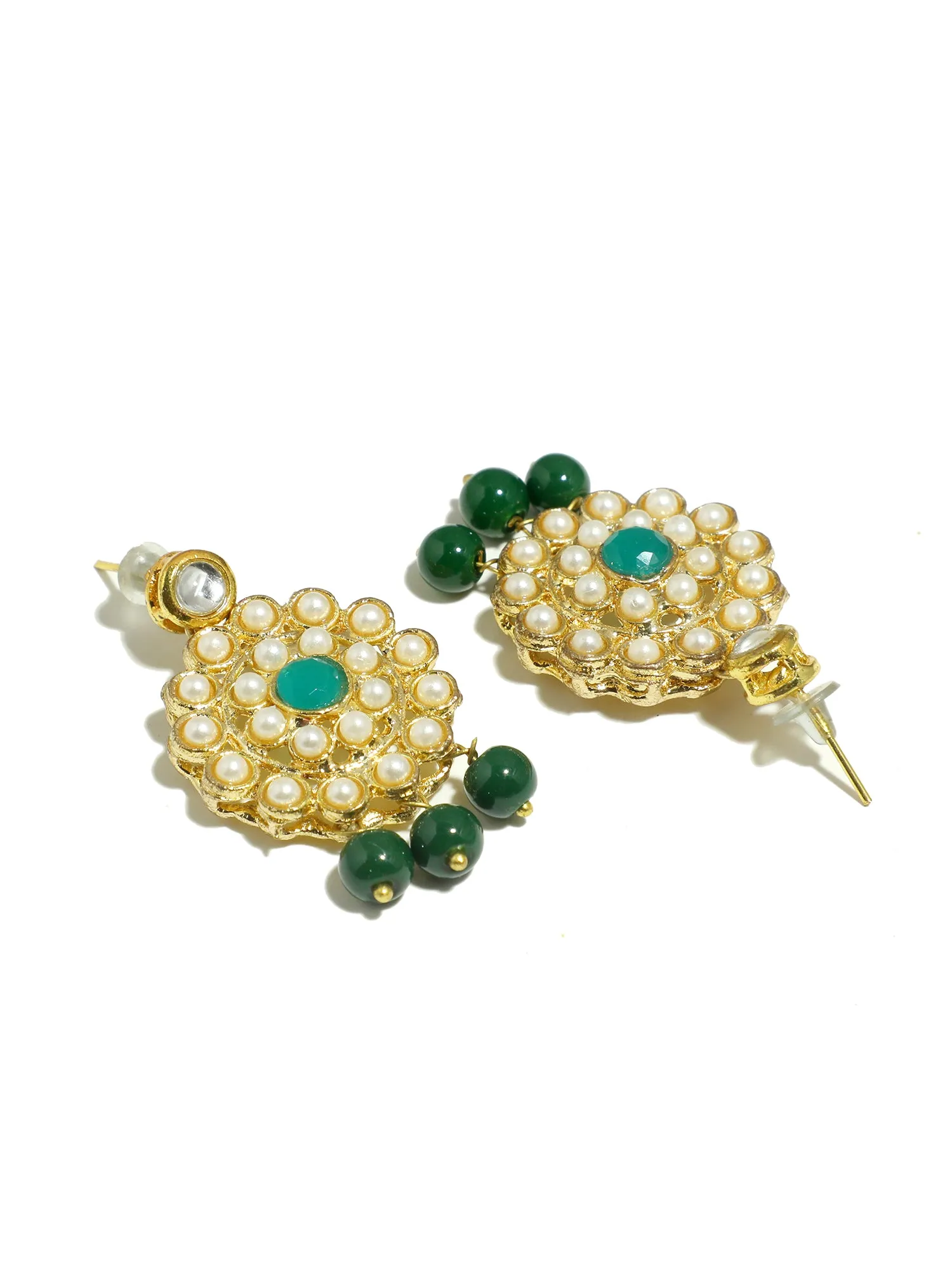 Gold Plated Green Beads Kundan Dangler Earrings with Maangtikka for Women