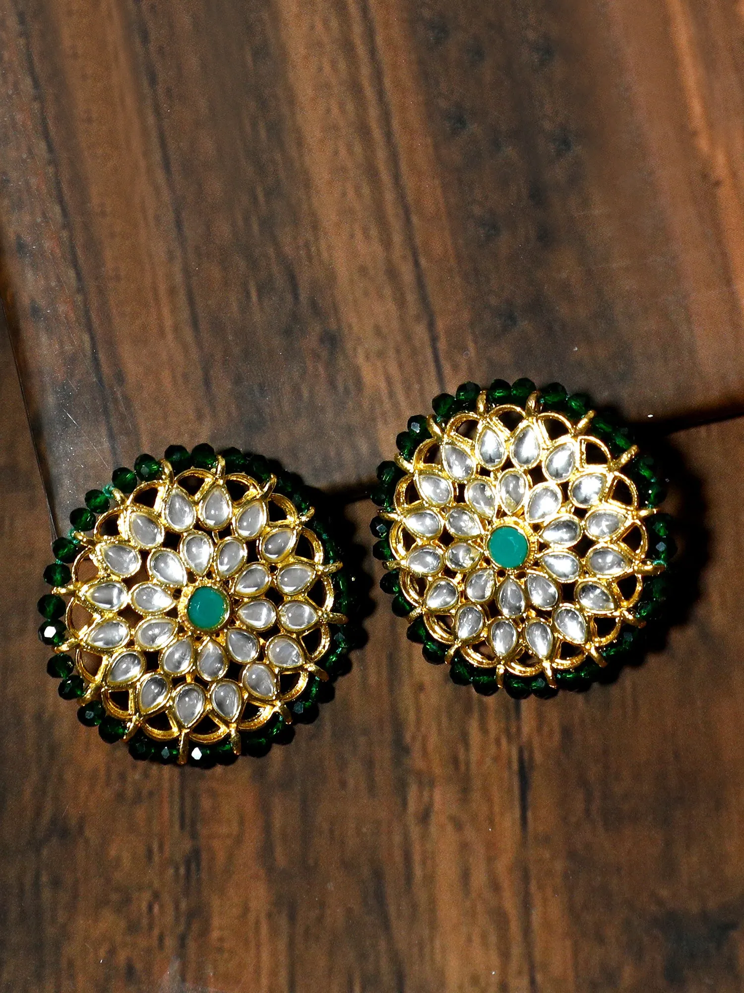 Gold Plated Green Beads Kundan Stud Earrings