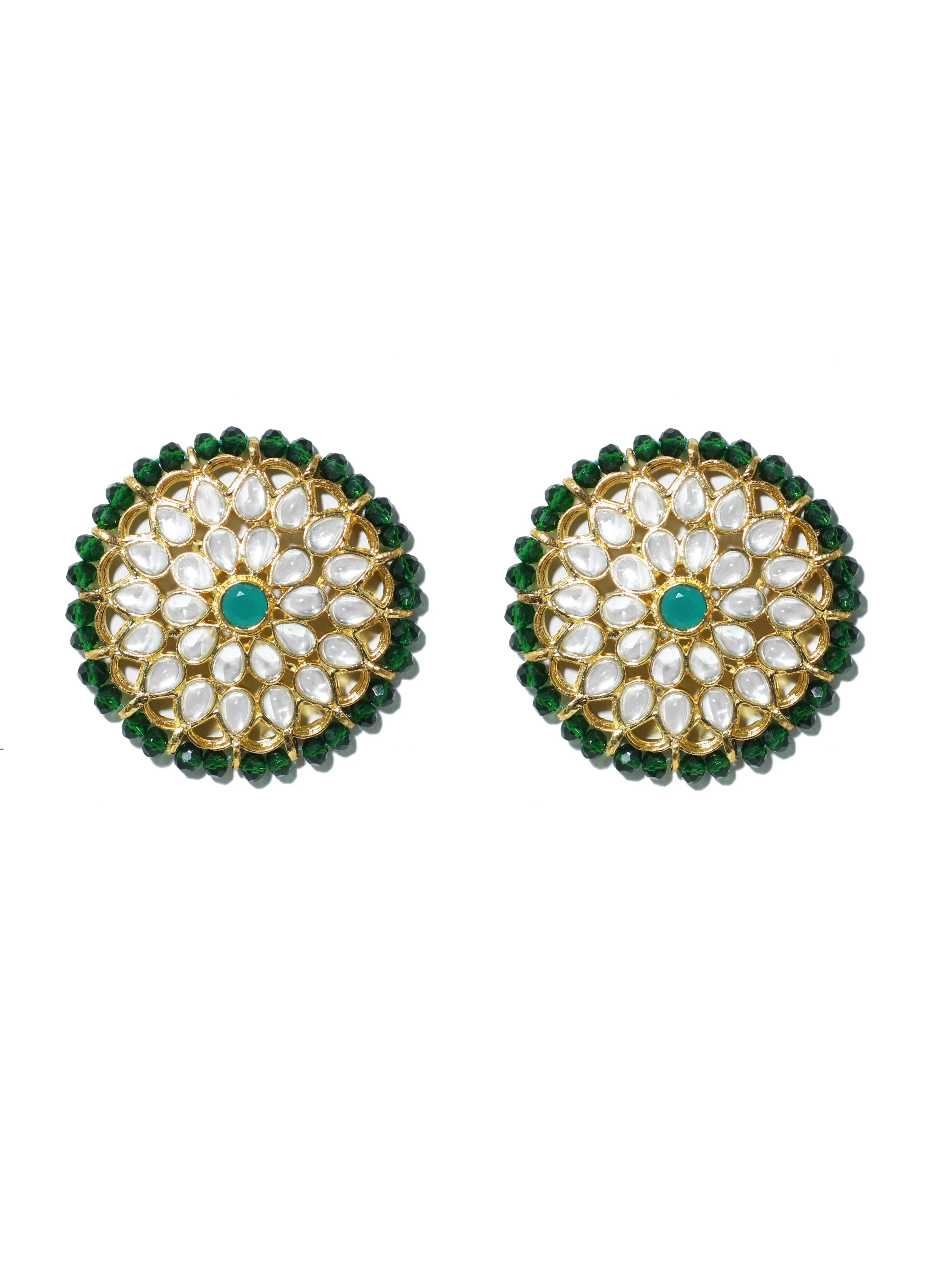 Gold Plated Green Beads Kundan Stud Earrings