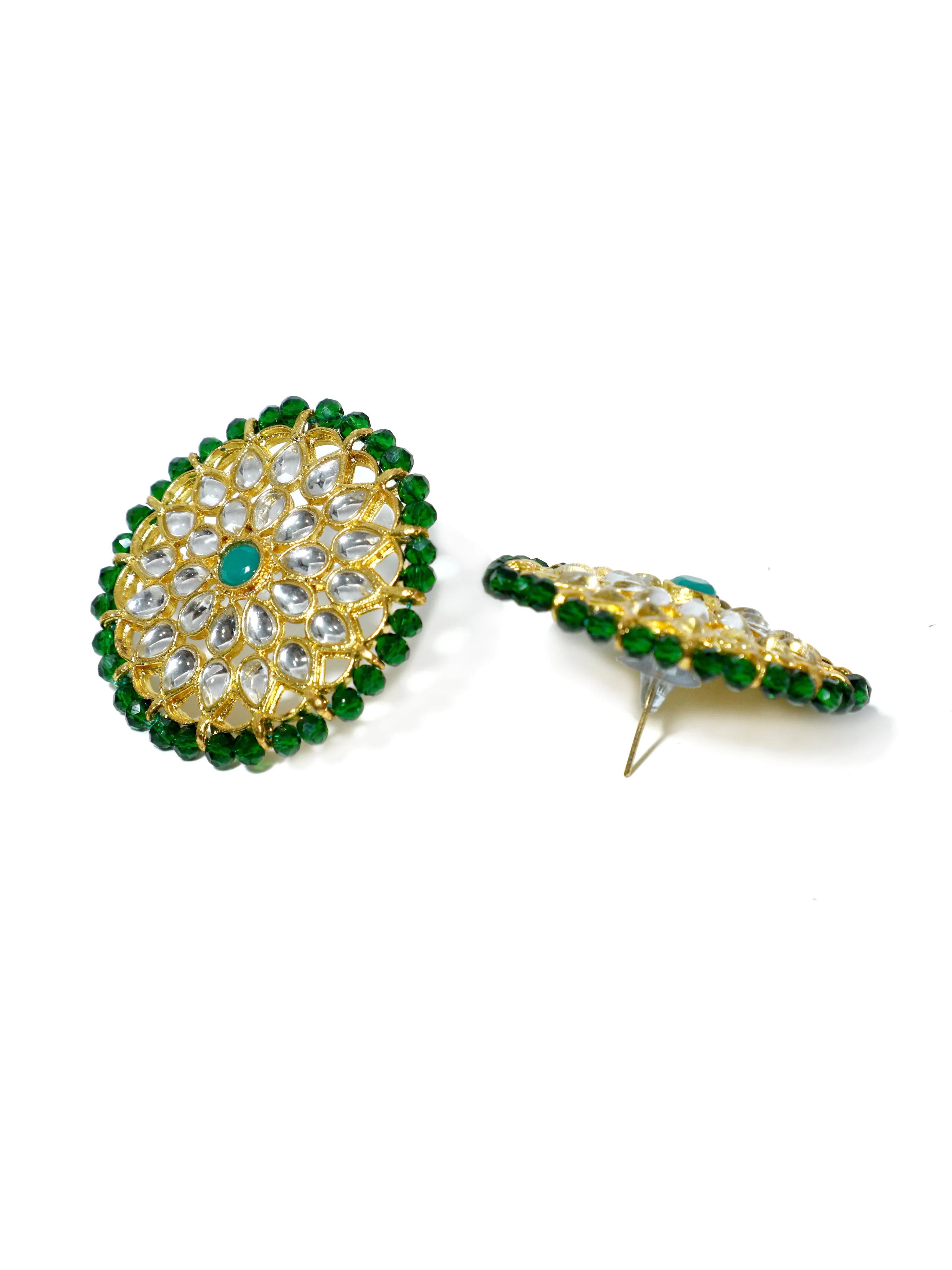 Gold Plated Green Beads Kundan Stud Earrings