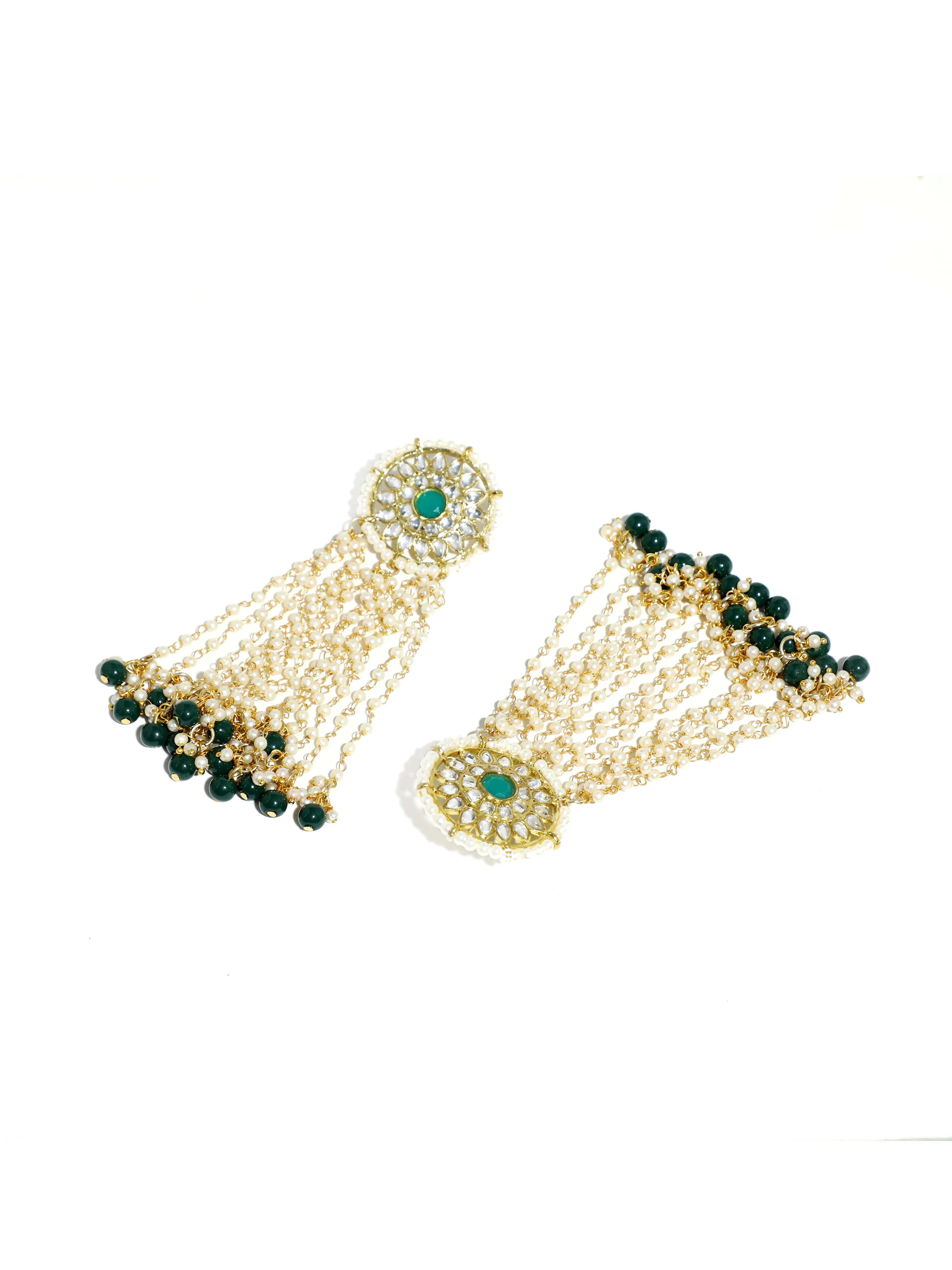 Gold Plated Green Beads Kundan Tassel Earrings