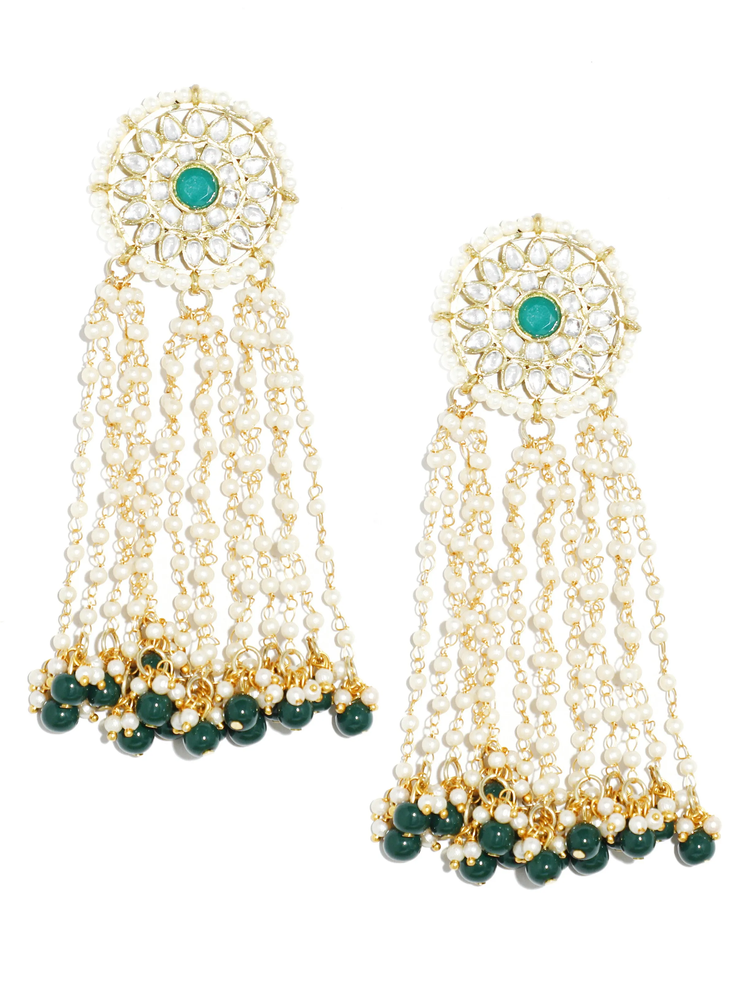 Gold Plated Green Beads Kundan Tassel Earrings