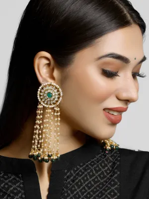 Gold Plated Green Beads Kundan Tassel Earrings