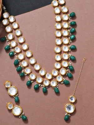 Gold Plated Green Beads Polki Kundan Rani Haar Set