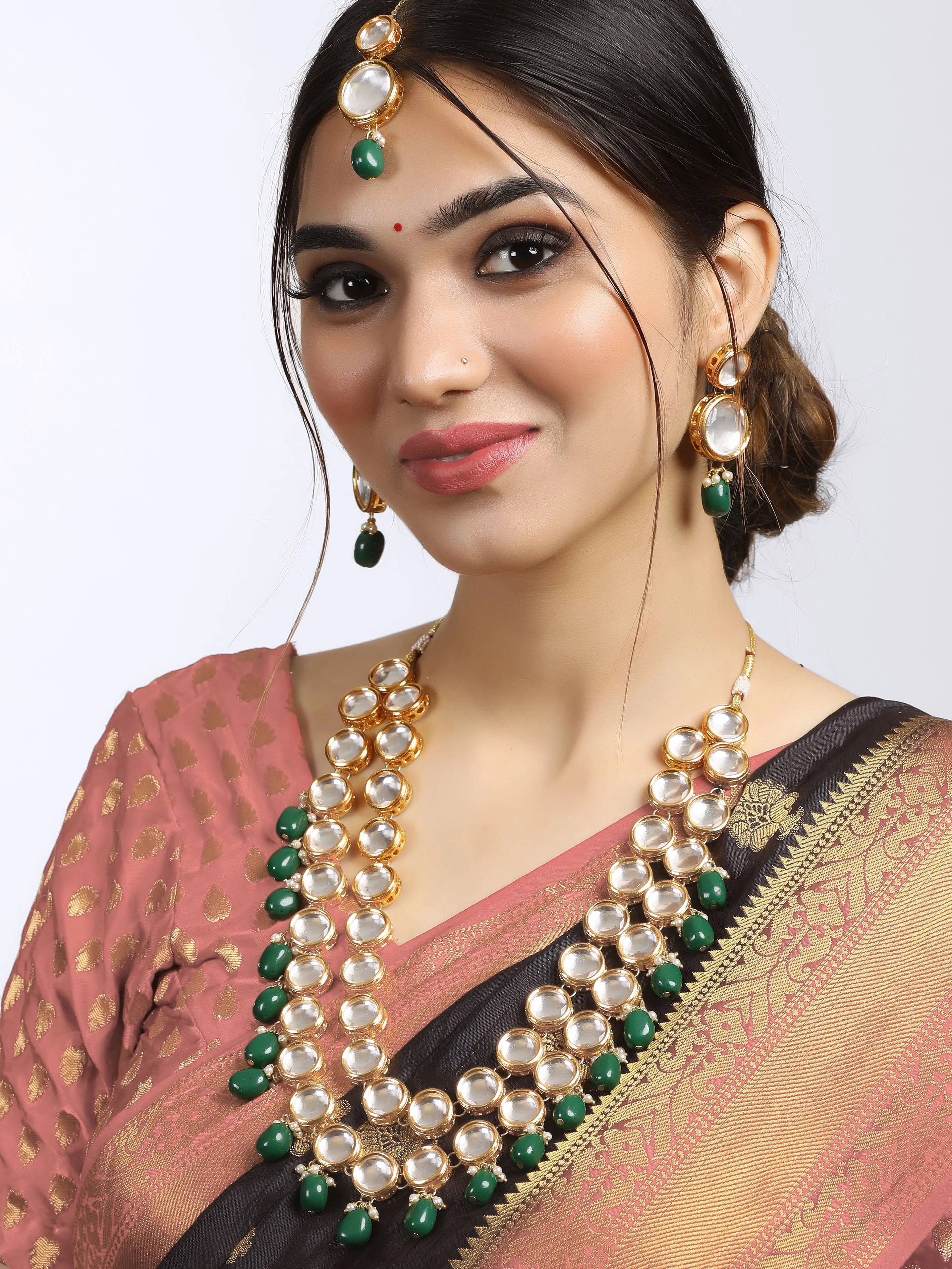 Gold Plated Green Beads Polki Kundan Rani Haar Set