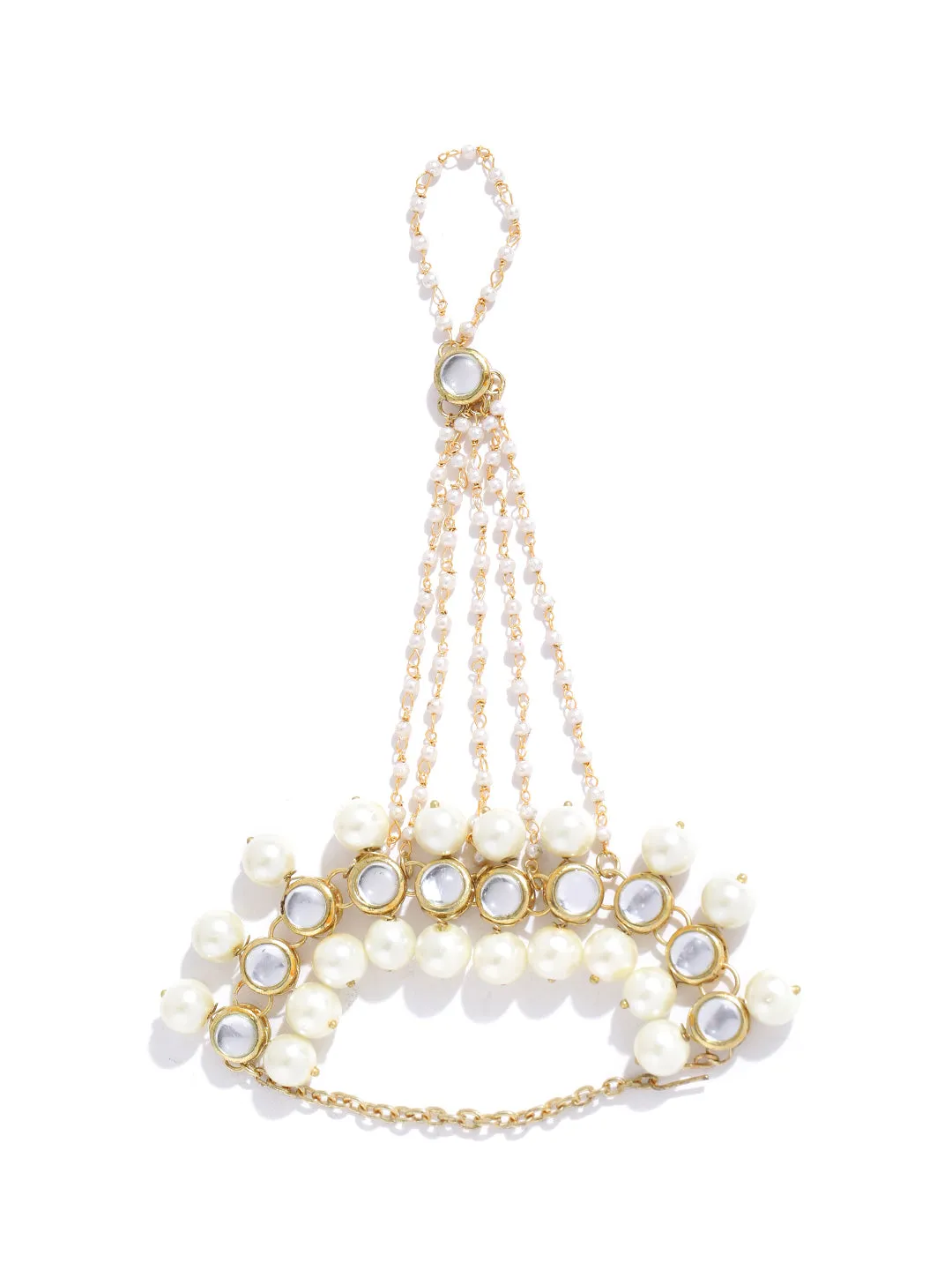 Gold-Plated Kundan Pearl Chain Hathphool