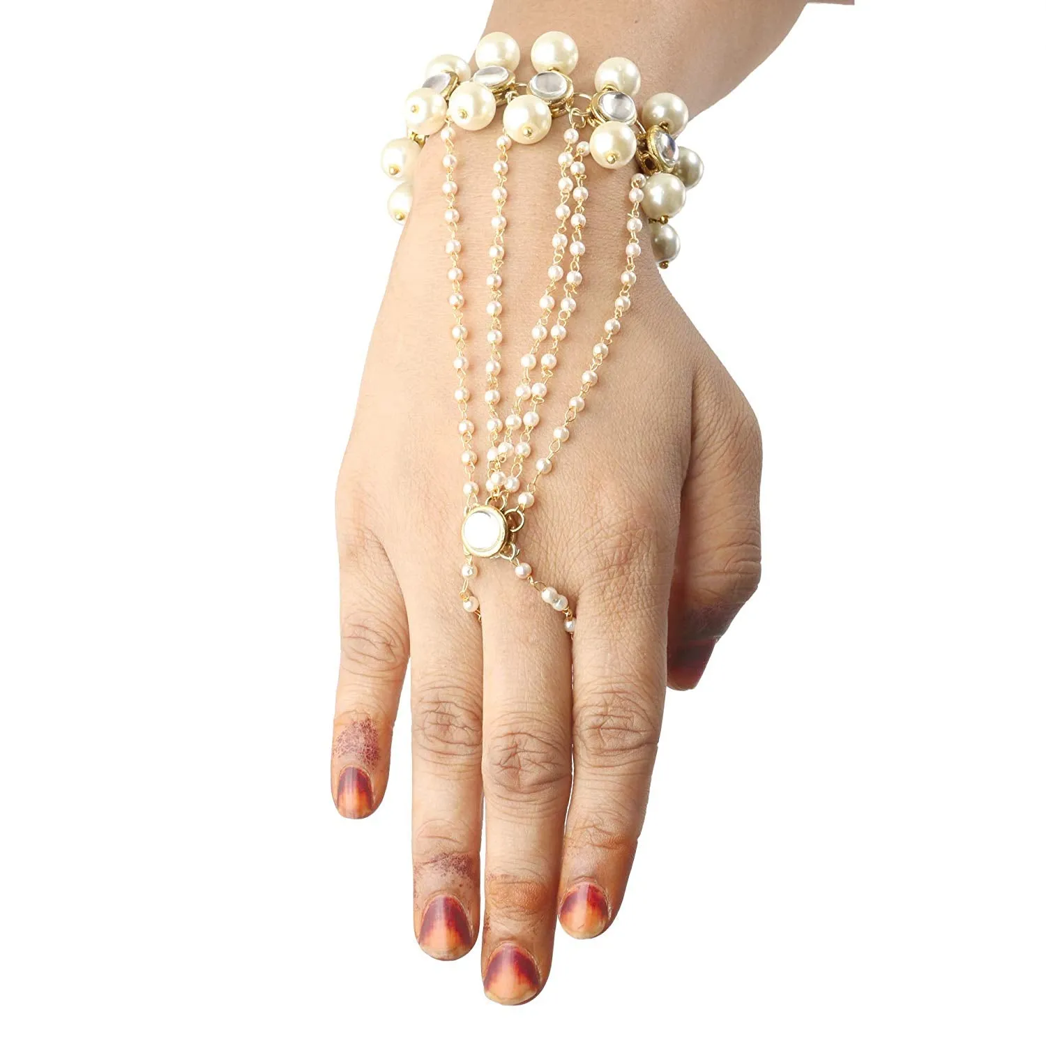 Gold-Plated Kundan Pearl Chain Hathphool