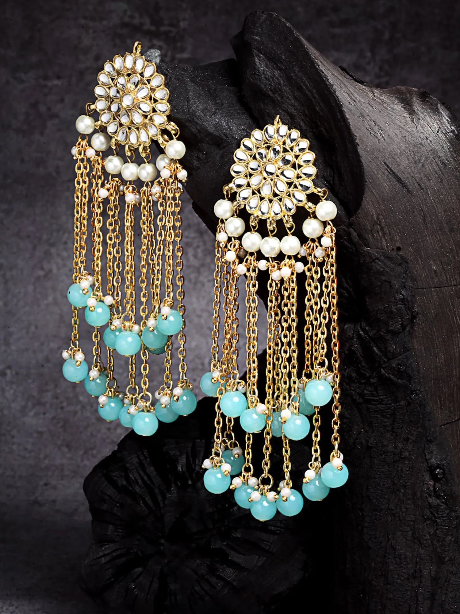 Gold Plated Light Blue Kundan Tassel Earrings