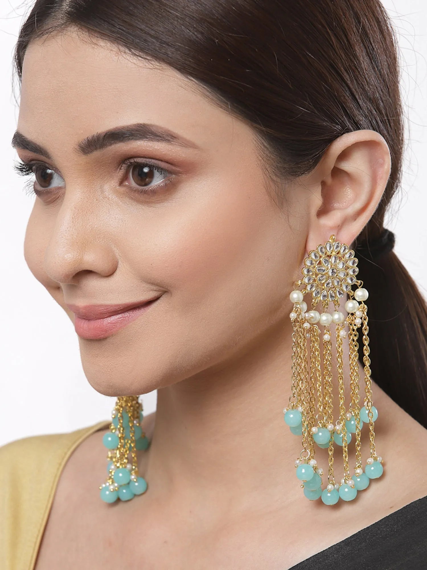 Gold Plated Light Blue Kundan Tassel Earrings