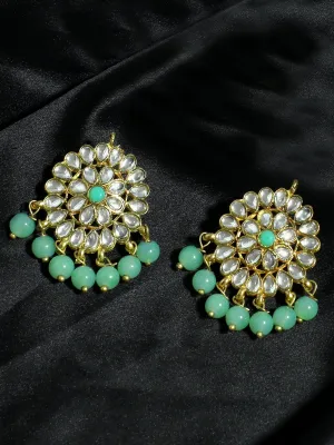 Gold Plated Mint Blue Beads Kundan Dangler Earrings for Women