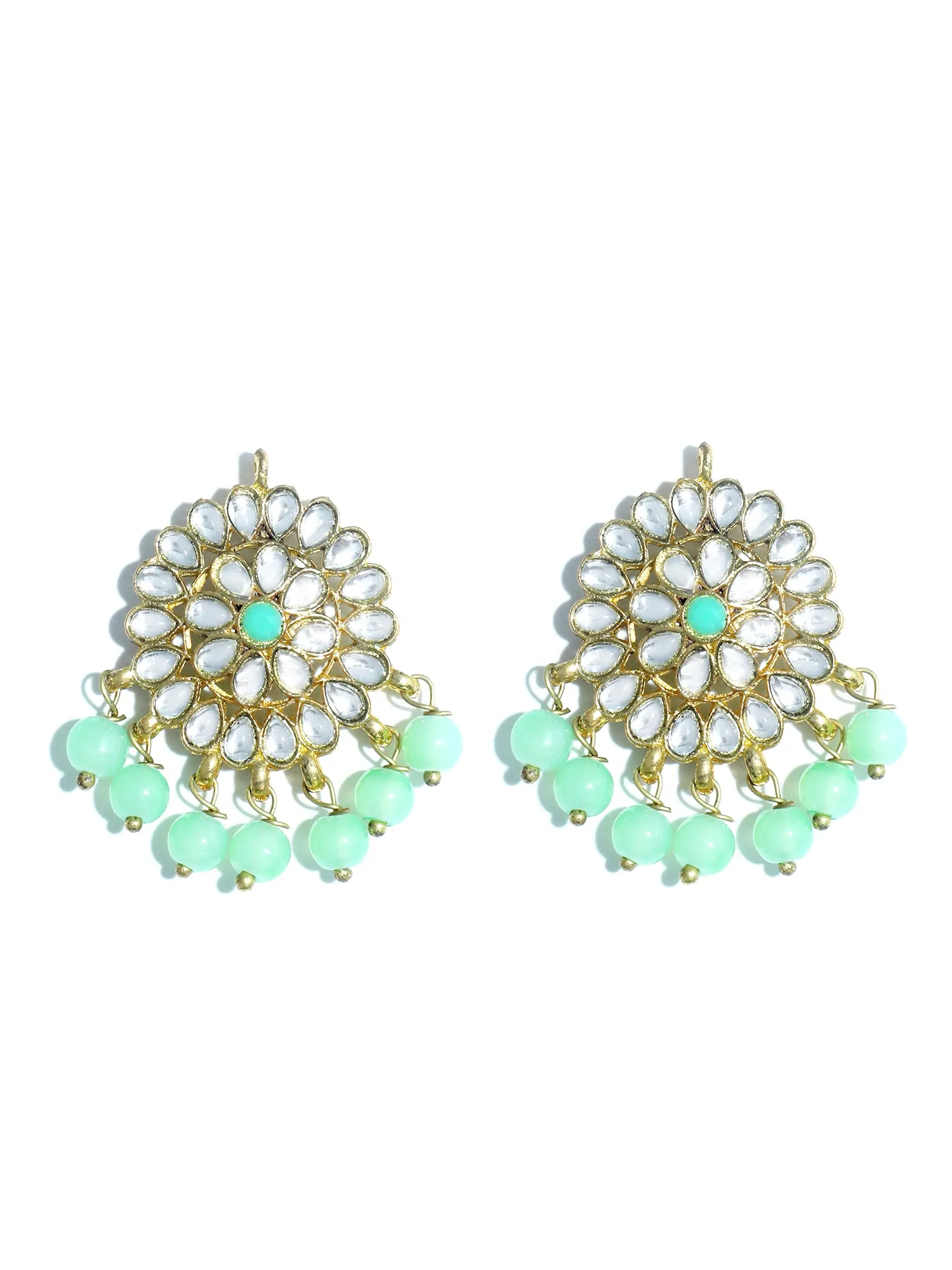 Gold Plated Mint Blue Beads Kundan Dangler Earrings for Women