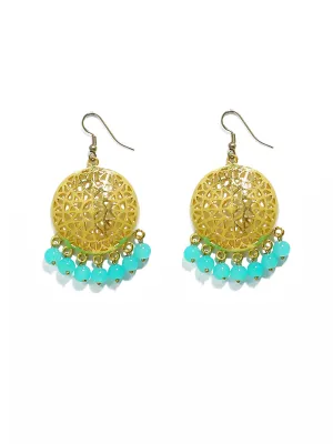 Gold Plated Mint Blue Beads Kundan Dangler Earrings for Women