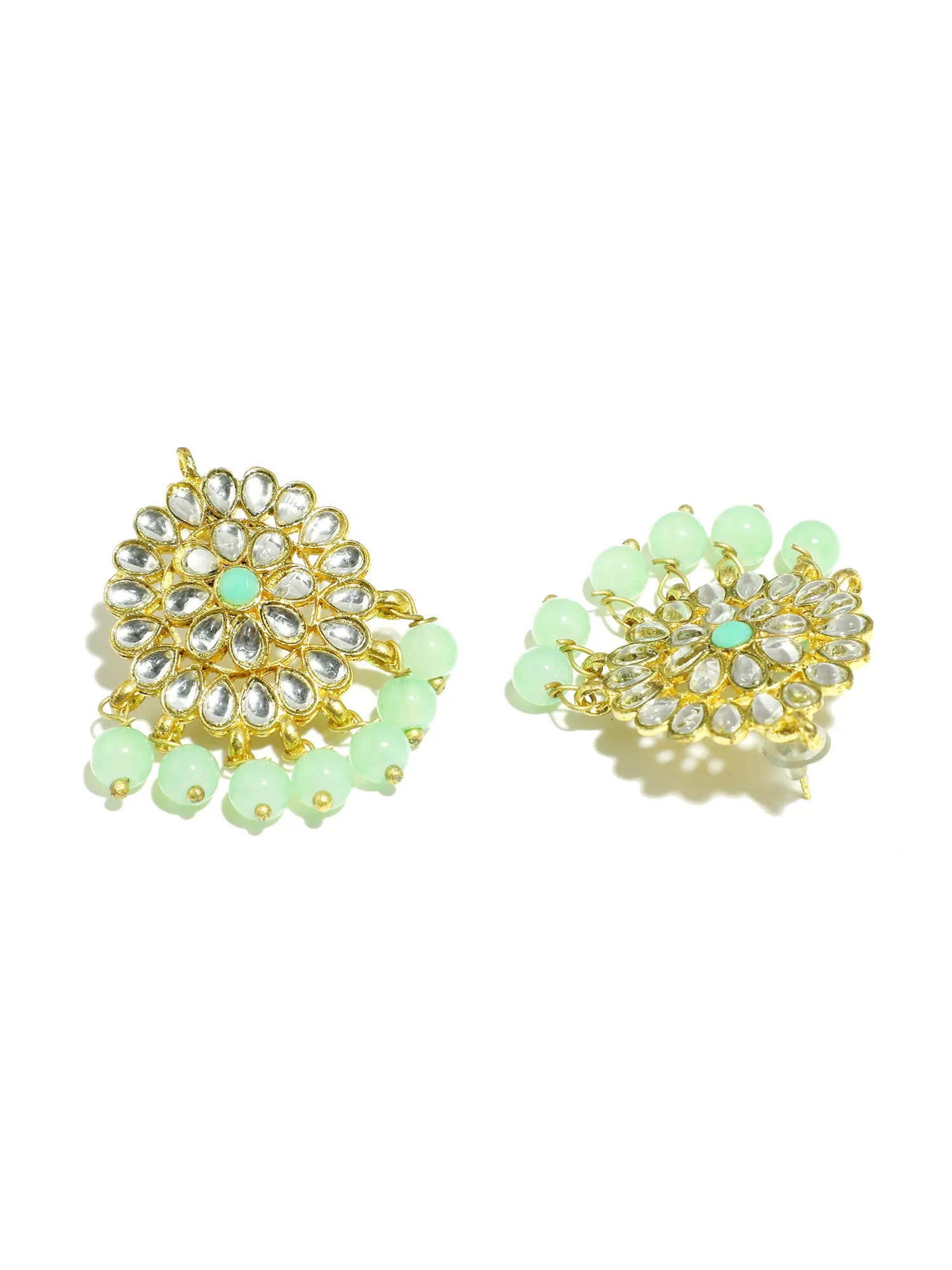 Gold Plated Mint Blue Beads Kundan Dangler Earrings for Women