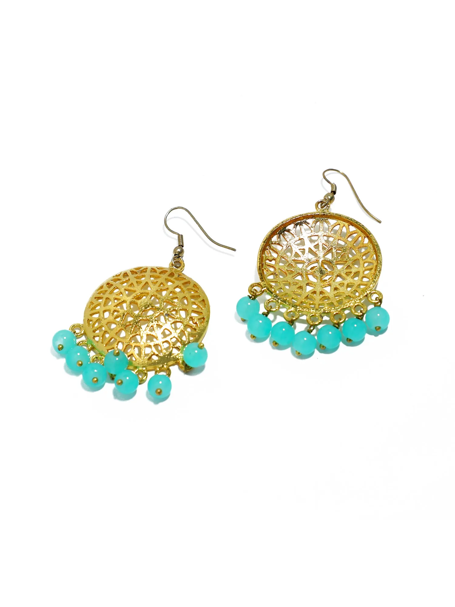 Gold Plated Mint Blue Beads Kundan Dangler Earrings with Maangtikka for Women