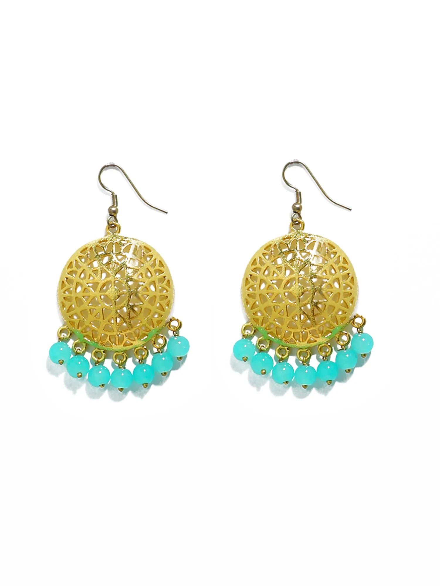 Gold Plated Mint Blue Beads Kundan Dangler Earrings with Maangtikka for Women