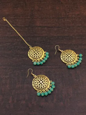 Gold Plated Mint Blue Beads Kundan Dangler Earrings with Maangtikka for Women