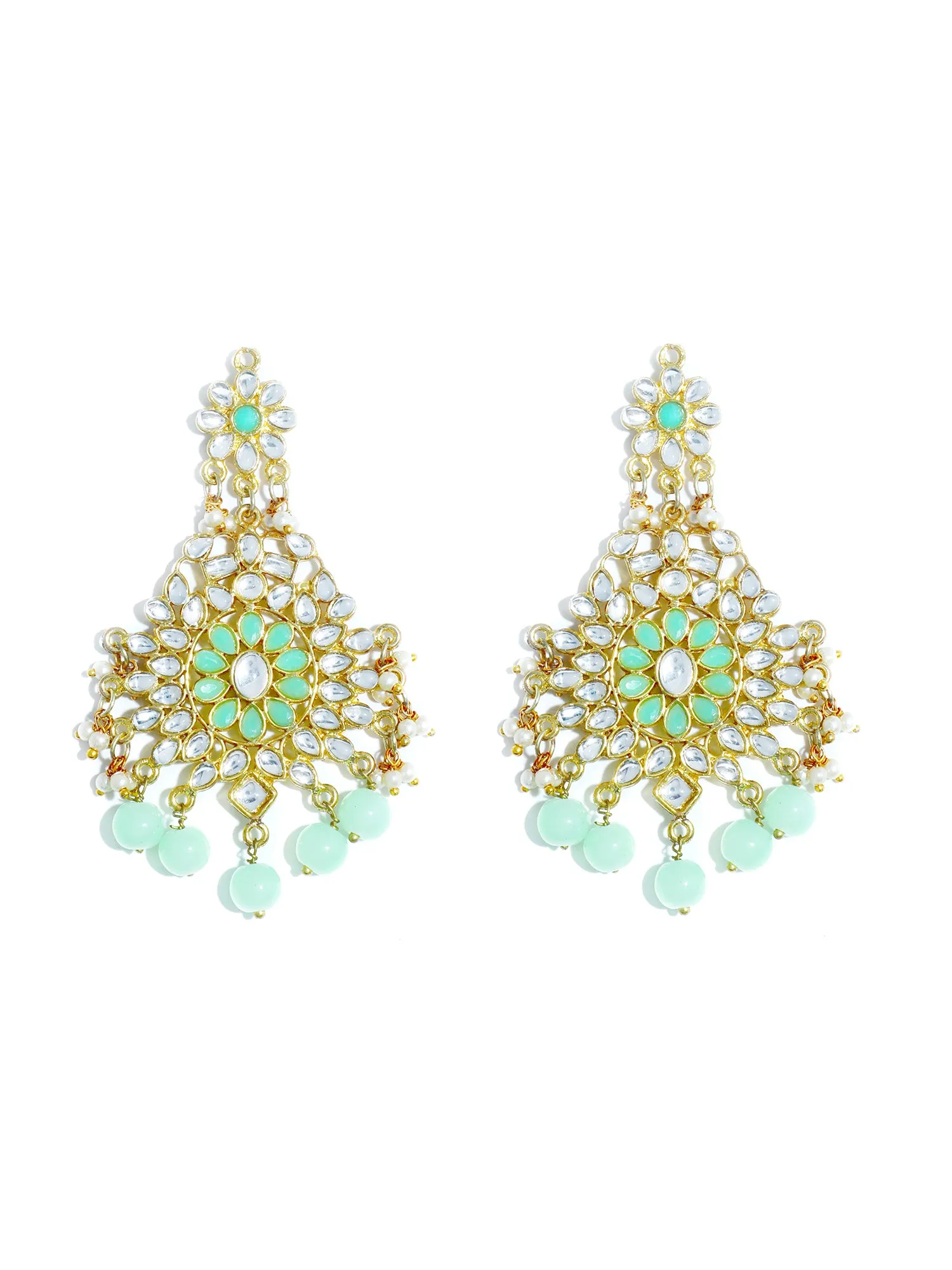 Gold Plated Mint Green Beads Kundan Dangler Earrings for Women