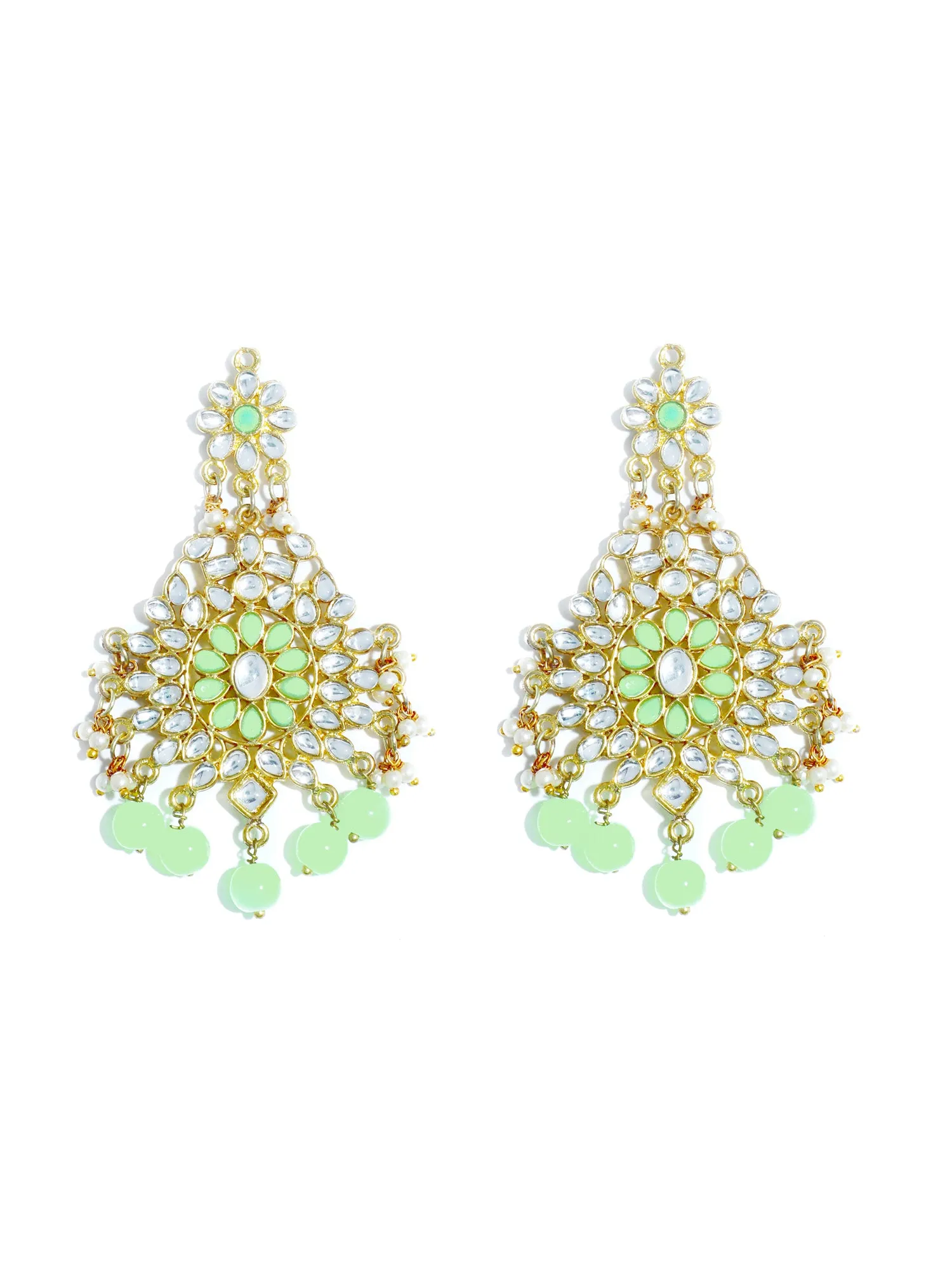 Gold Plated Mint Green Beads Kundan Dangler Earrings with Maangtikka for Women