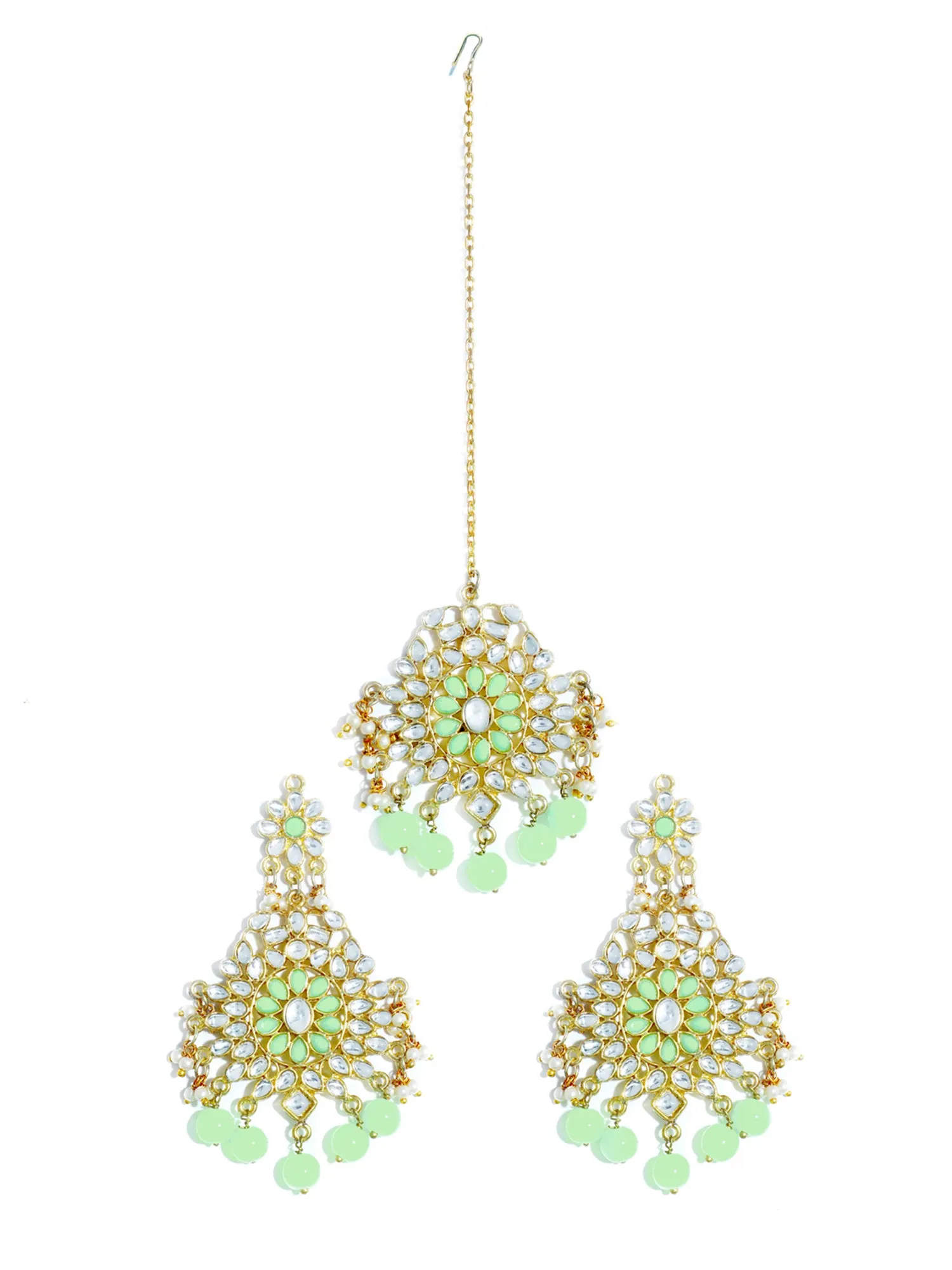 Gold Plated Mint Green Beads Kundan Dangler Earrings with Maangtikka for Women