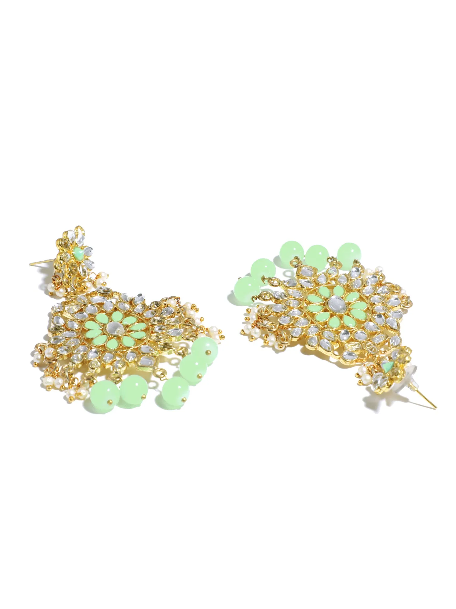 Gold Plated Mint Green Beads Kundan Dangler Earrings with Maangtikka for Women