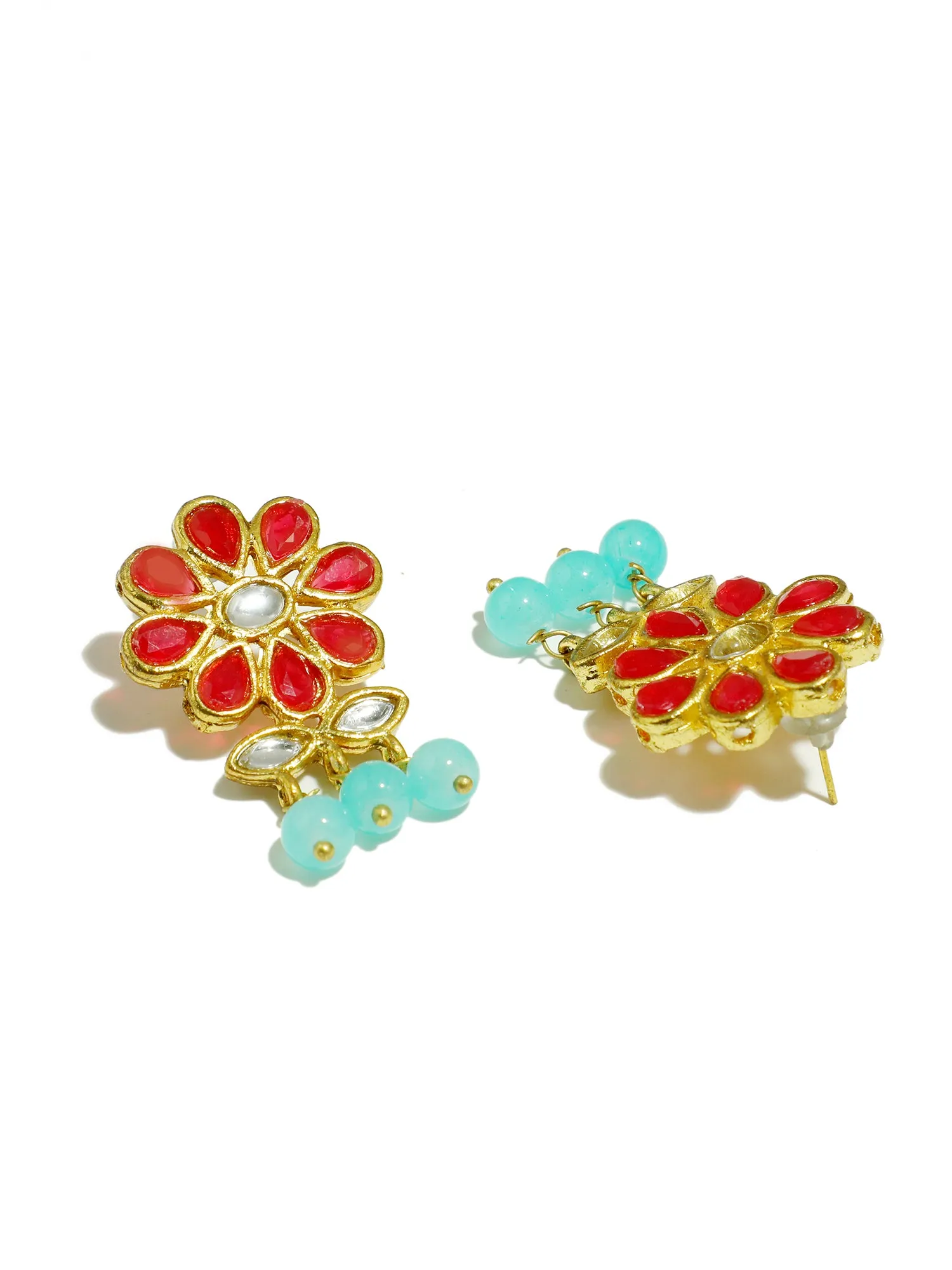 Gold Plated Mint Green Beads Red Kundan Dangler Earrings with Maangtikka for Women