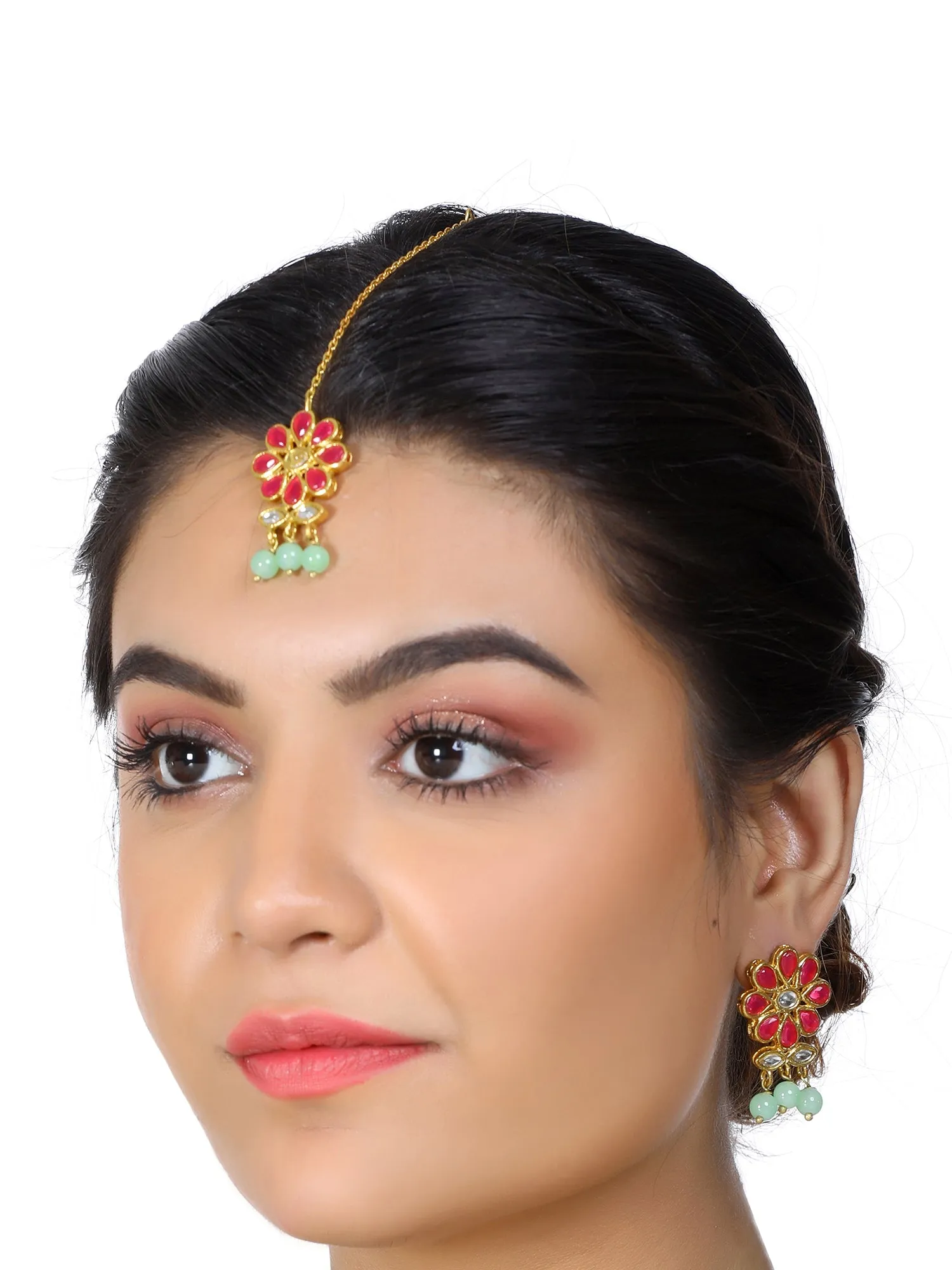 Gold Plated Mint Green Beads Red Kundan Dangler Earrings with Maangtikka for Women