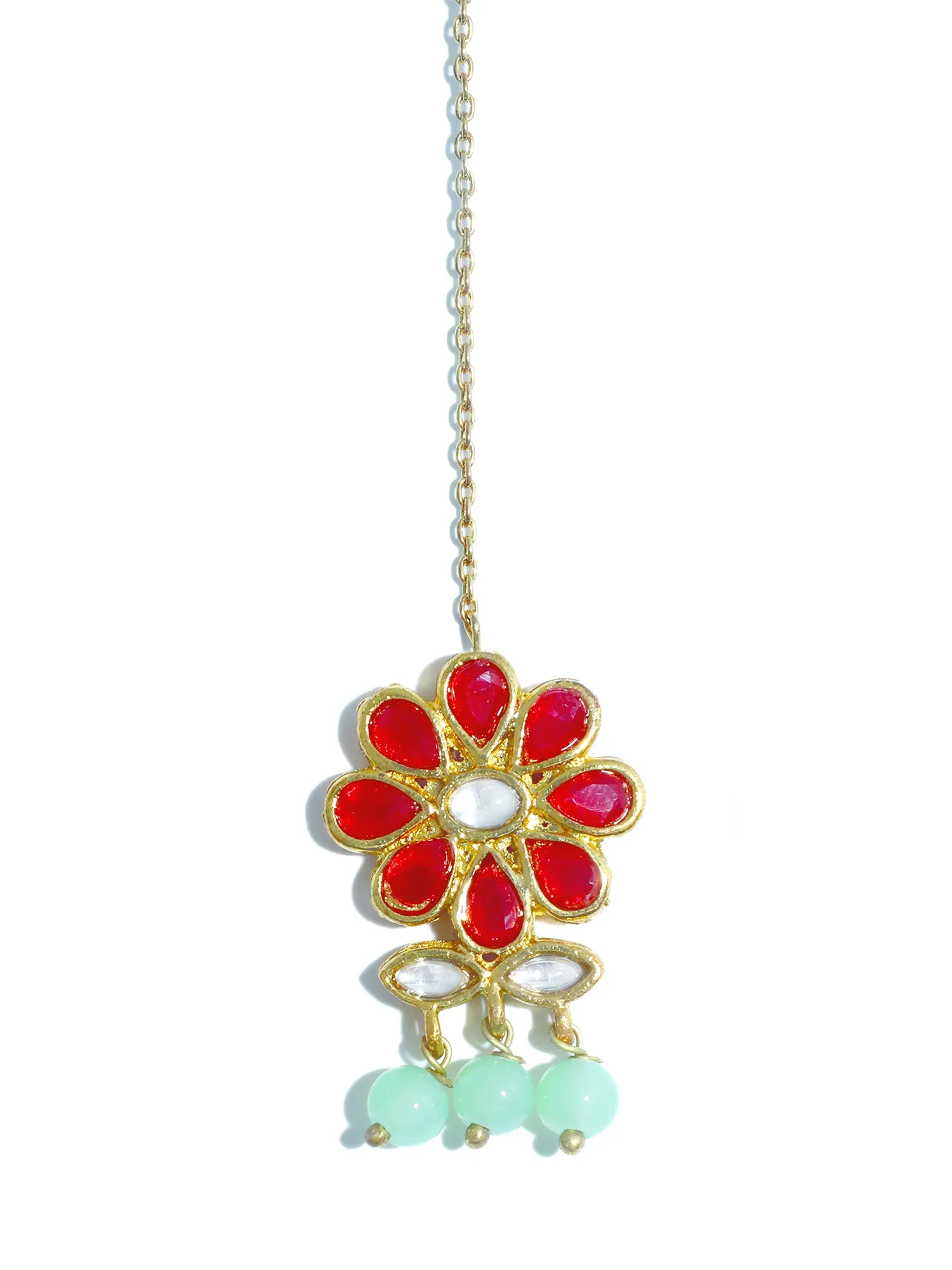 Gold Plated Mint Green Beads Red Kundan Dangler Earrings with Maangtikka for Women