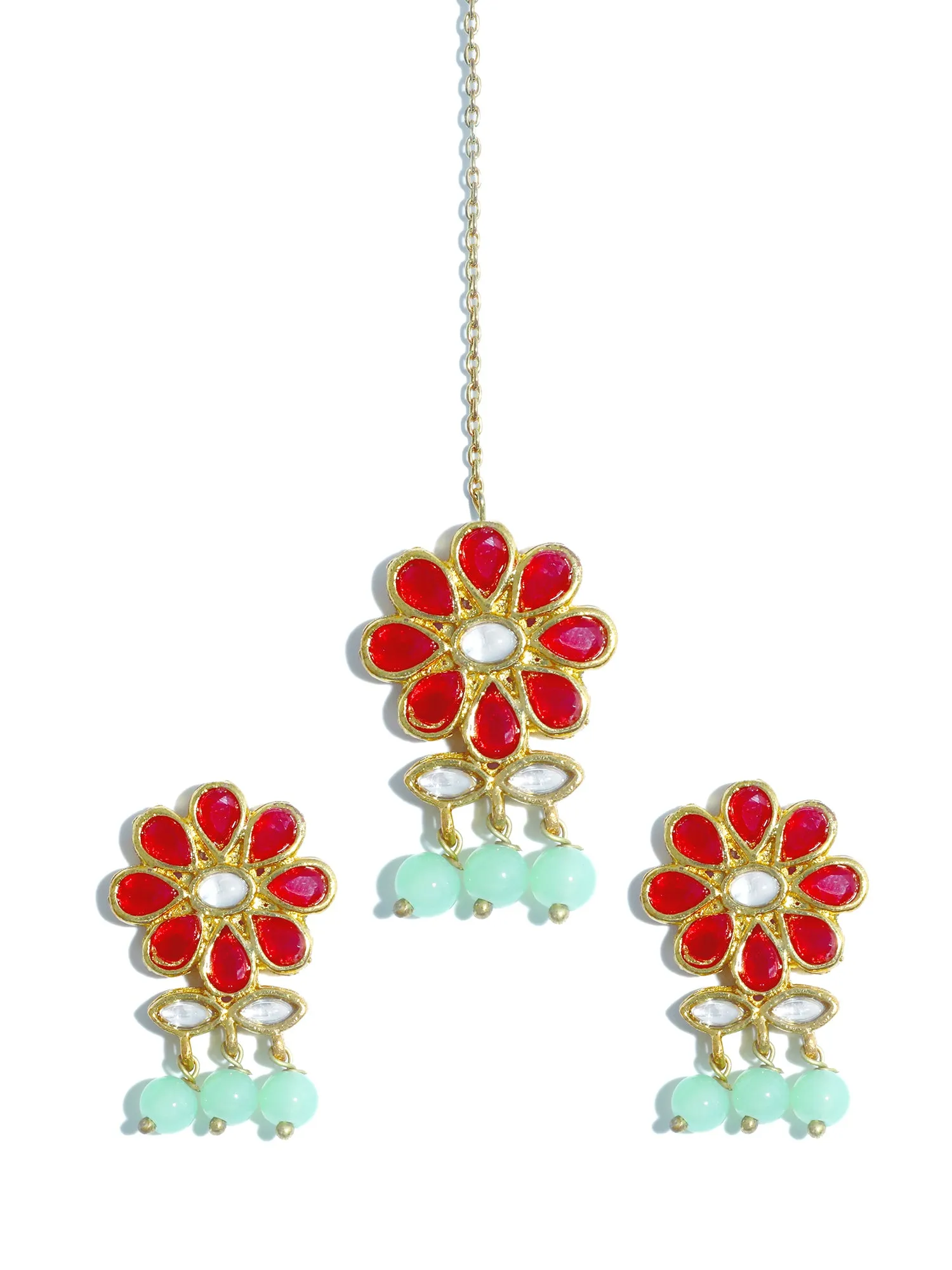 Gold Plated Mint Green Beads Red Kundan Dangler Earrings with Maangtikka for Women