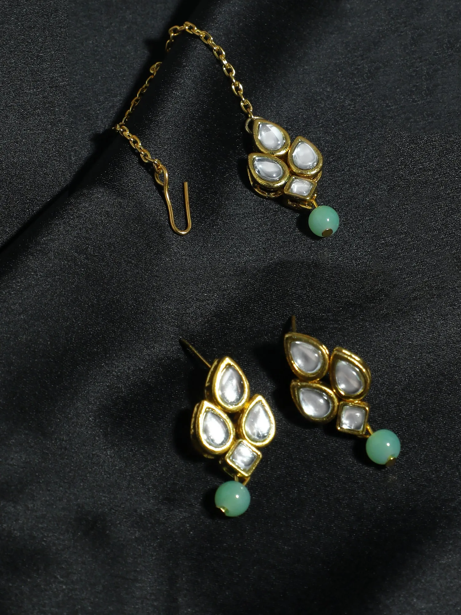 Gold Plated Mint Green Beads White Kundan Dangler Earrings with Maangtikka for Women