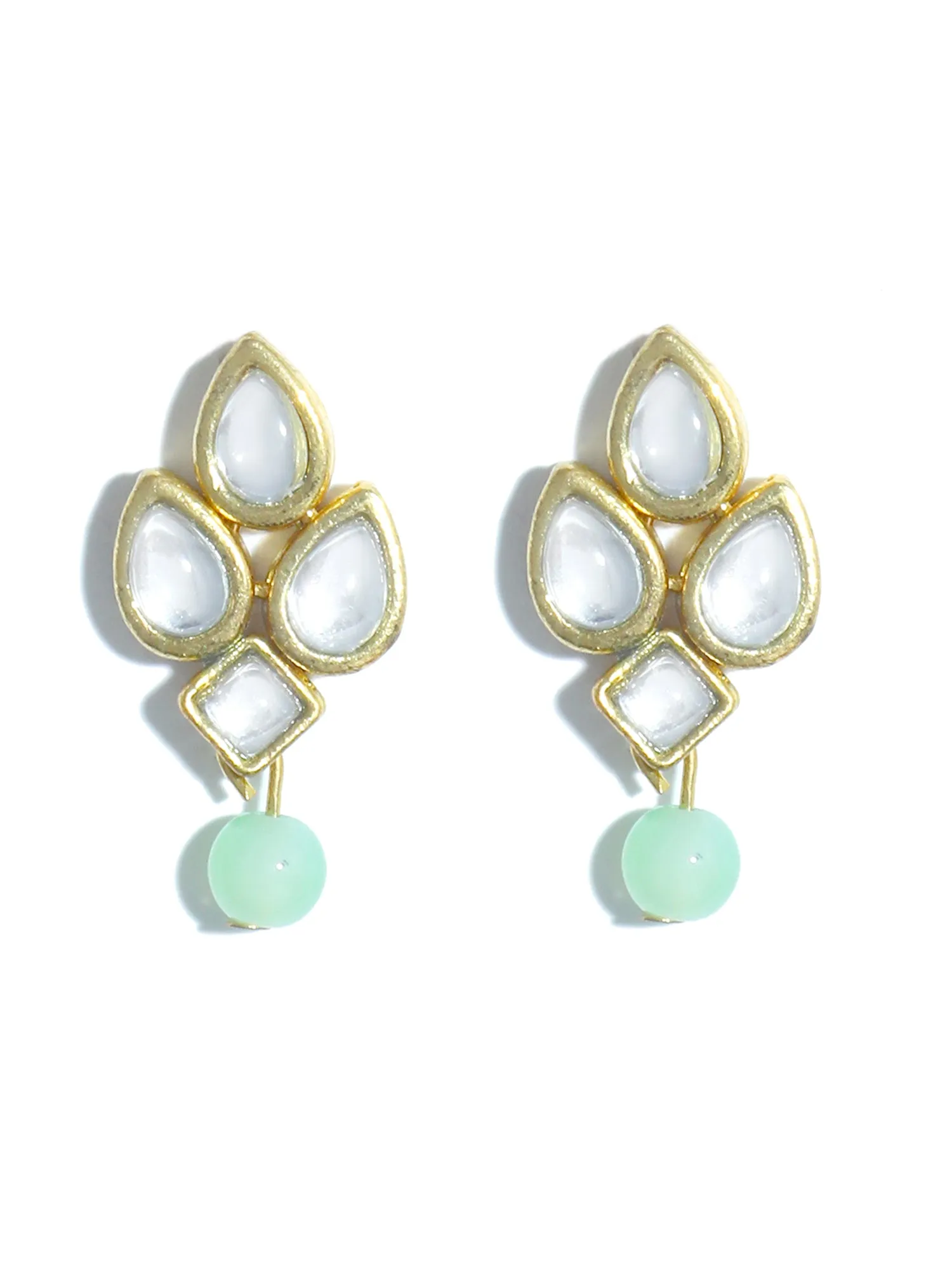 Gold Plated Mint Green Beads White Kundan Dangler Earrings with Maangtikka for Women