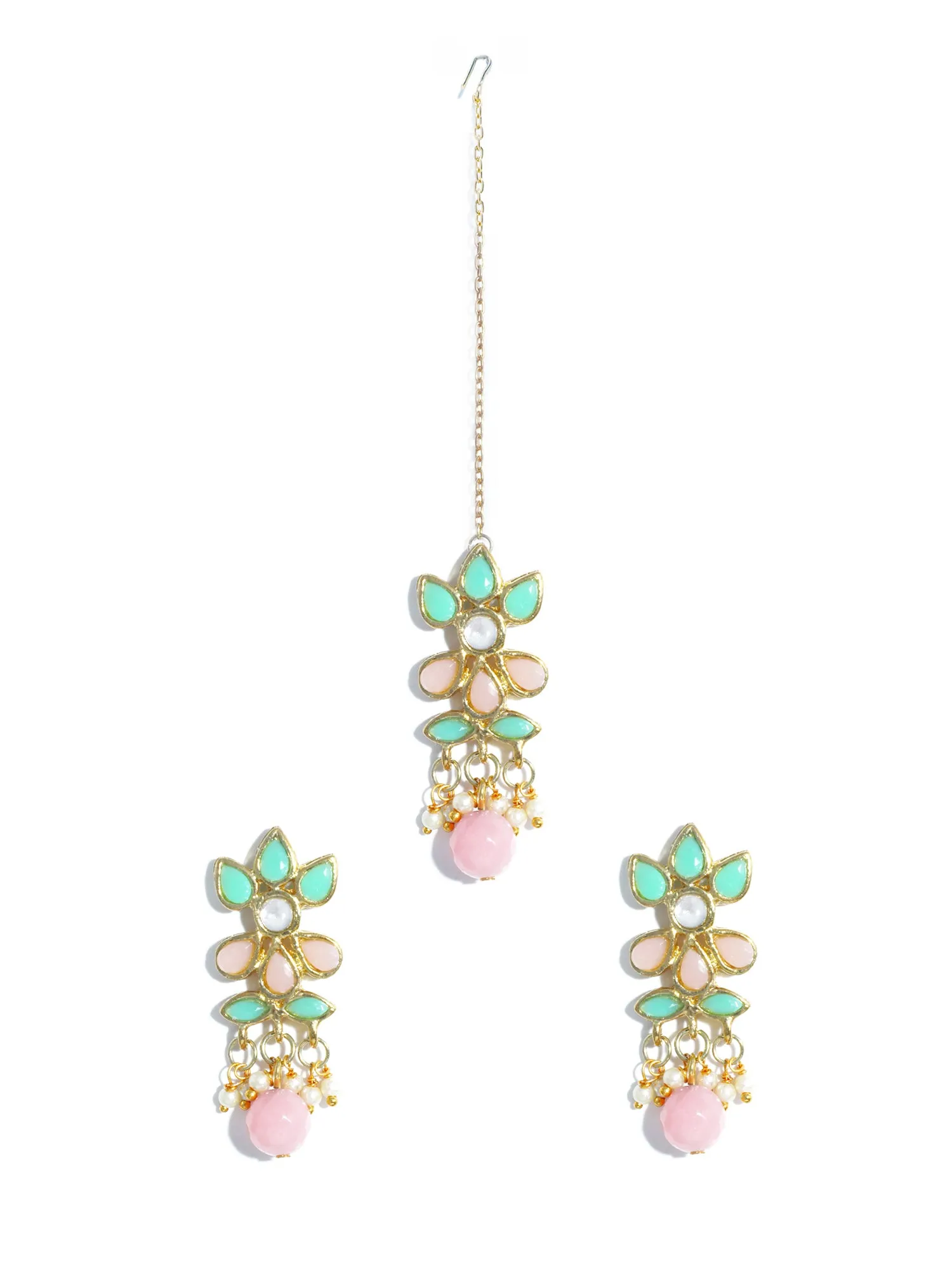 Gold Plated Peach and Mint Green Kundan Dangler Earrings with Maangtikka for Women