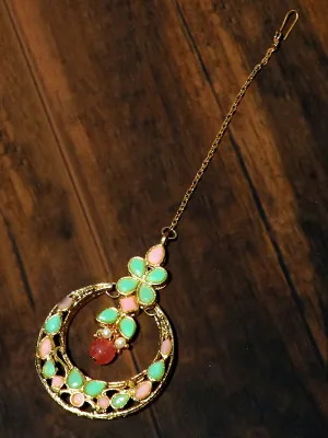 Gold Plated Peach and Mint Green Kundan Maangtikka