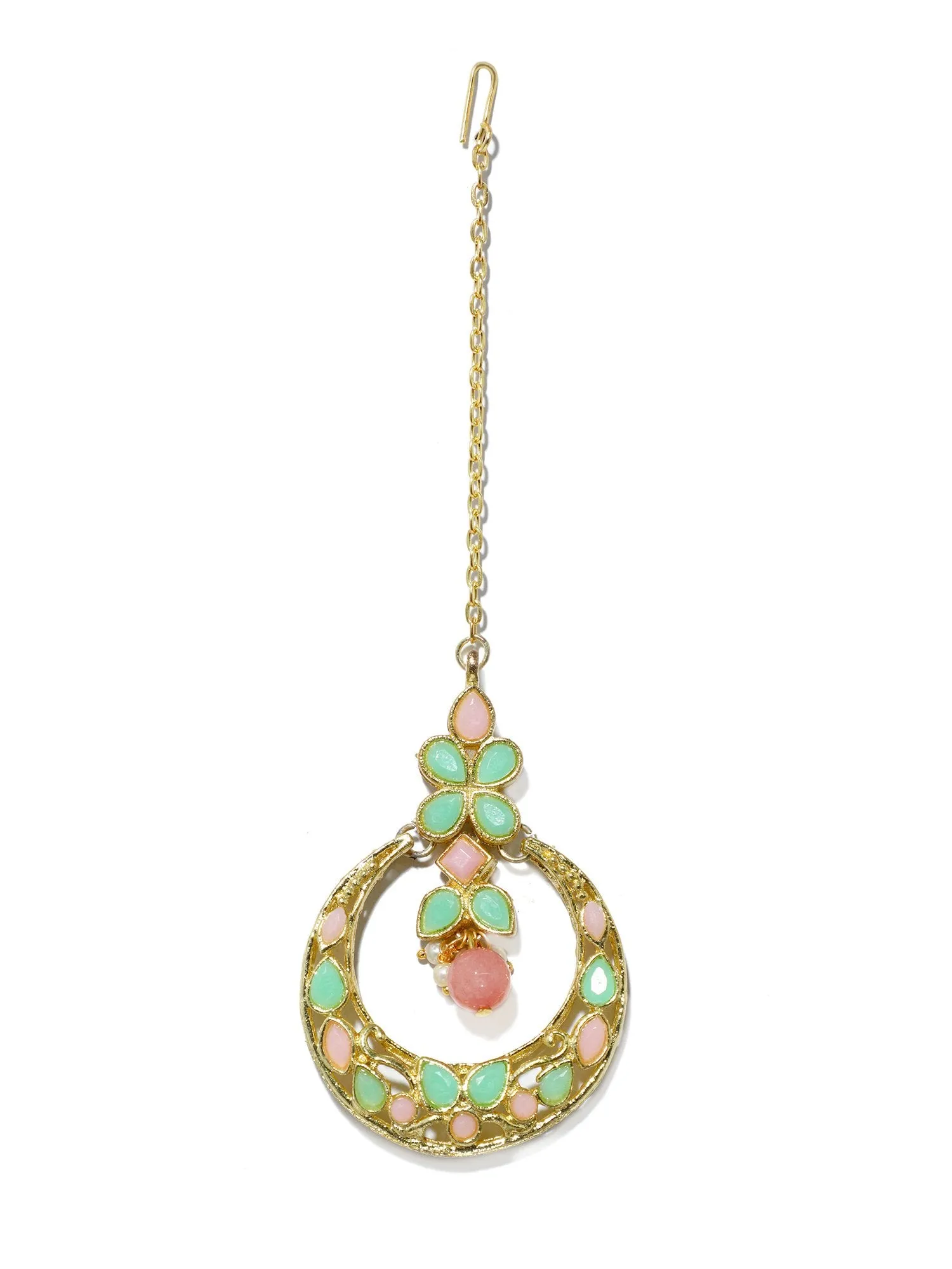 Gold Plated Peach and Mint Green Kundan Maangtikka