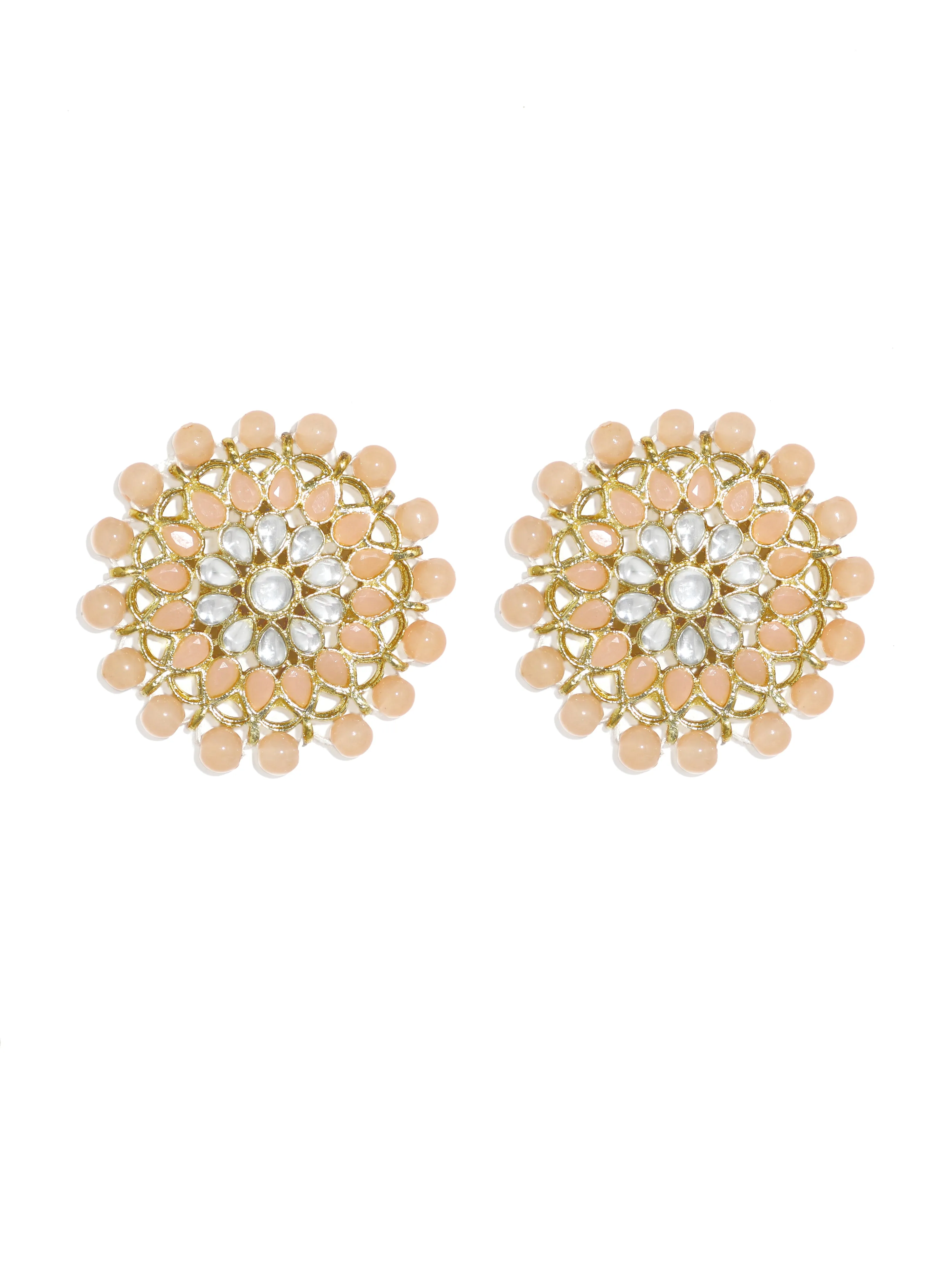 Gold Plated Peach Beads Kundan Stud Earrings with Maangtikka