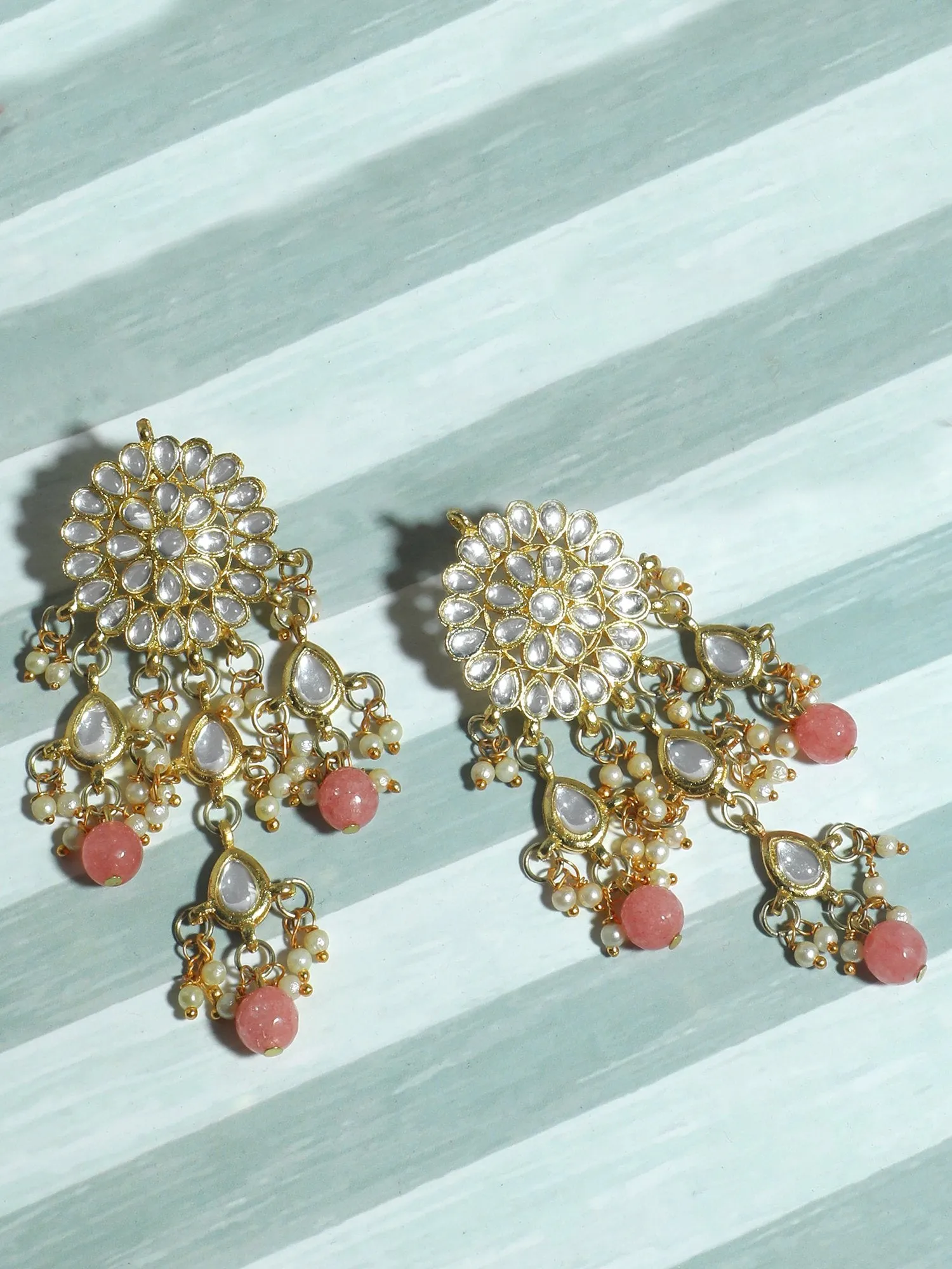 Gold Plated Peach Beads Kundan Tassel Earrings for Women