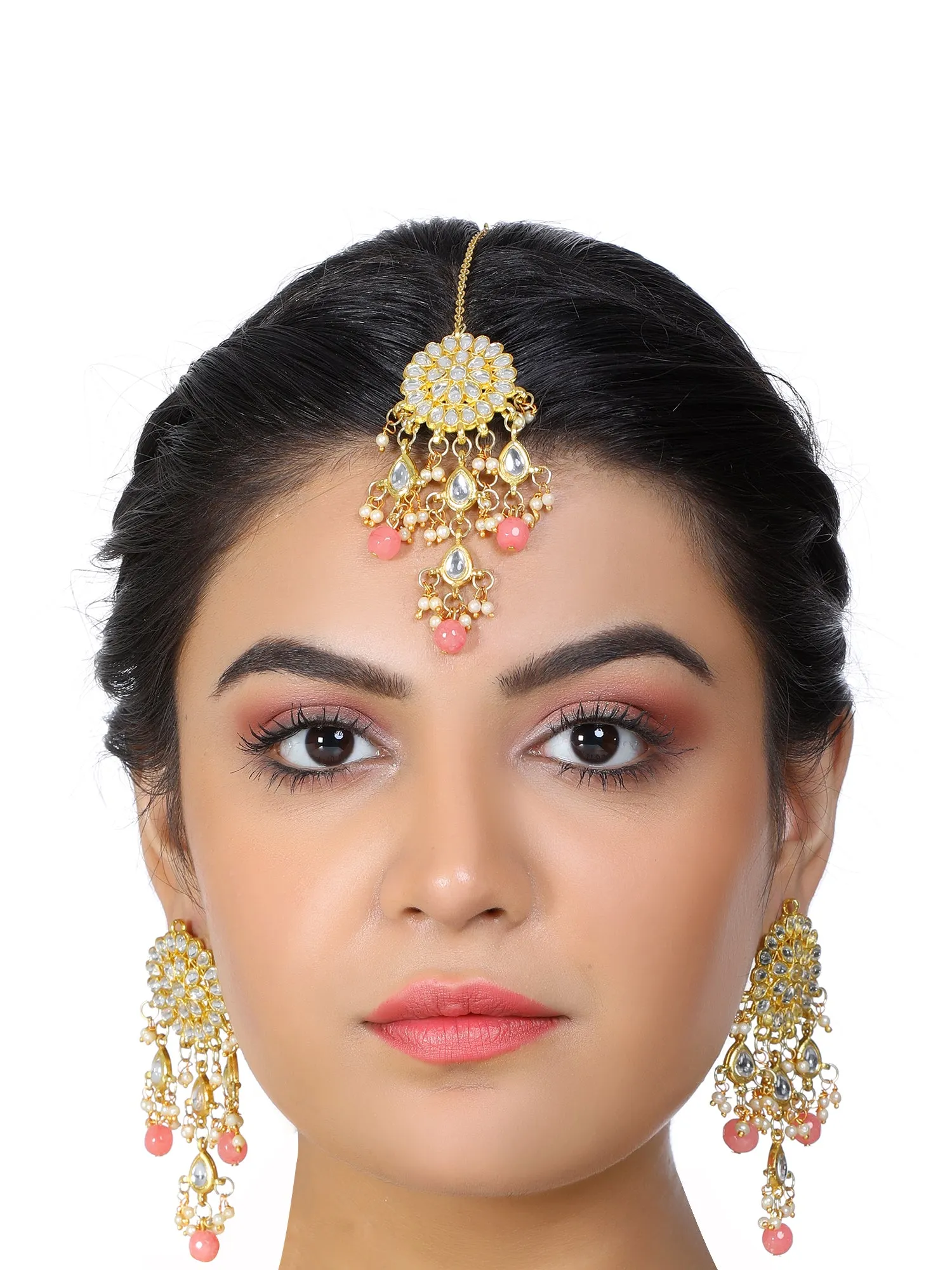 Gold Plated Peach Beads Kundan Tassel Earrings with Maangtikka for Women