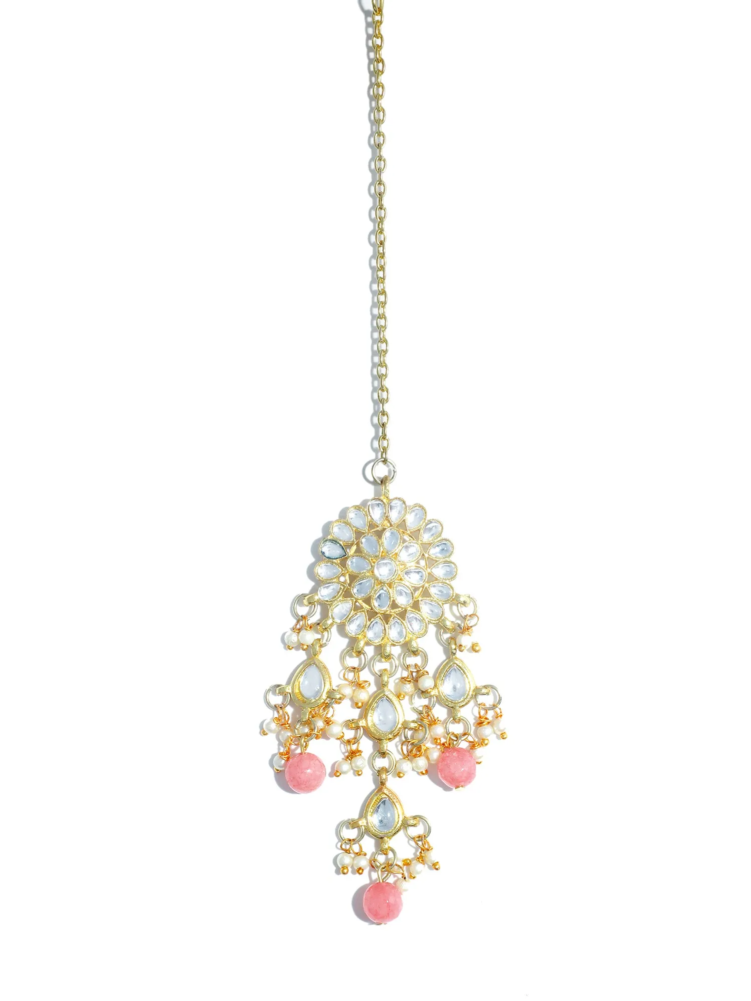 Gold Plated Peach Beads Kundan Tassel Earrings with Maangtikka for Women