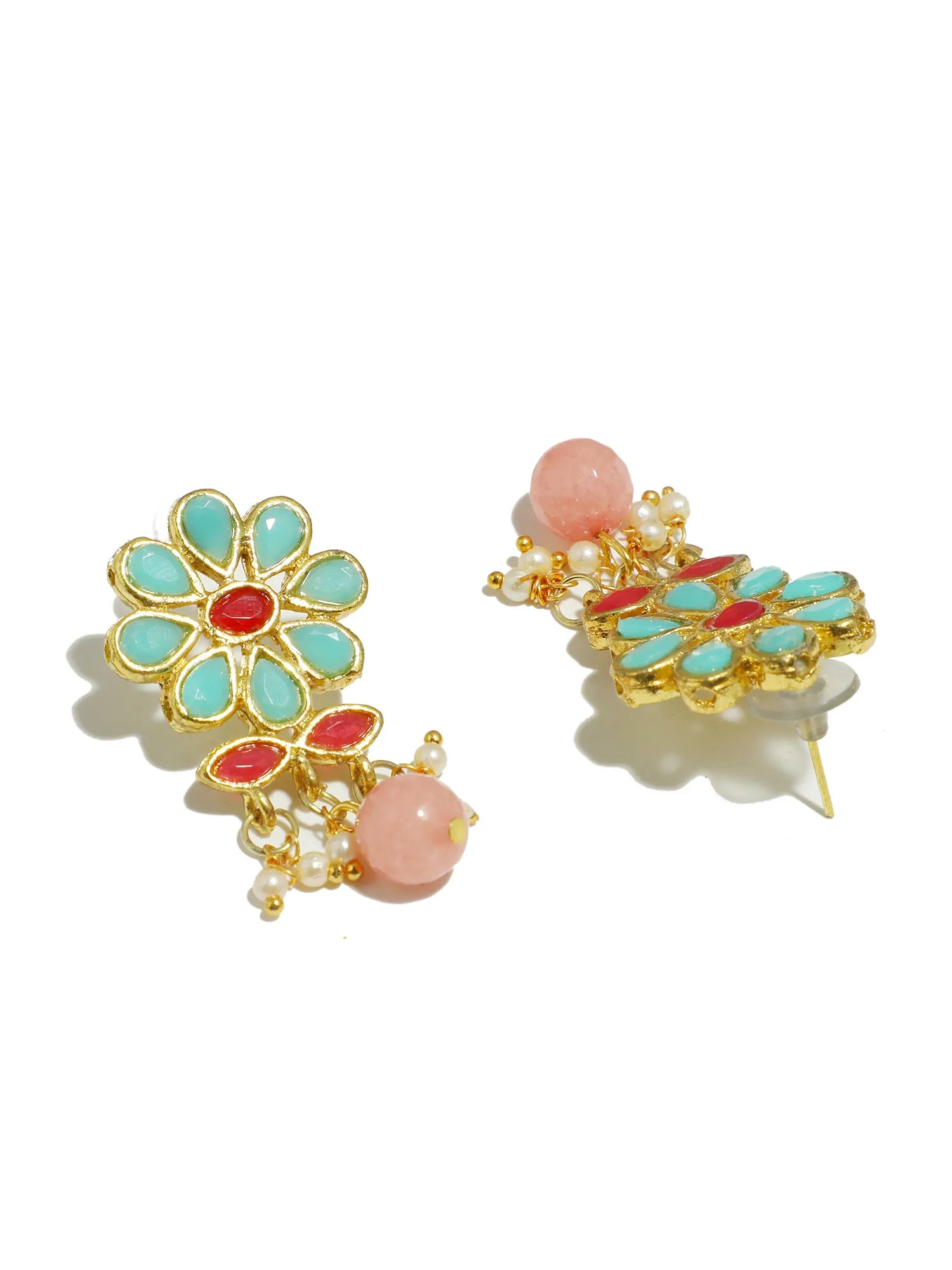 Gold Plated Peach Beads Mint Blue Kundan Dangler Earrings for Women