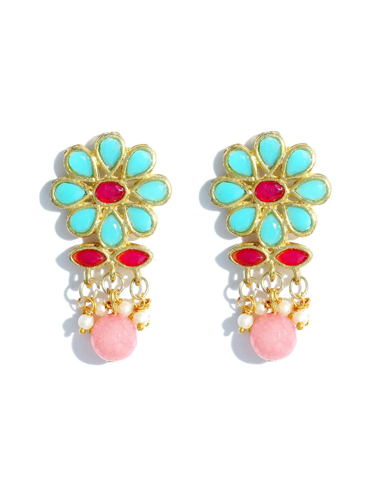 Gold Plated Peach Beads Mint Blue Kundan Dangler Earrings for Women