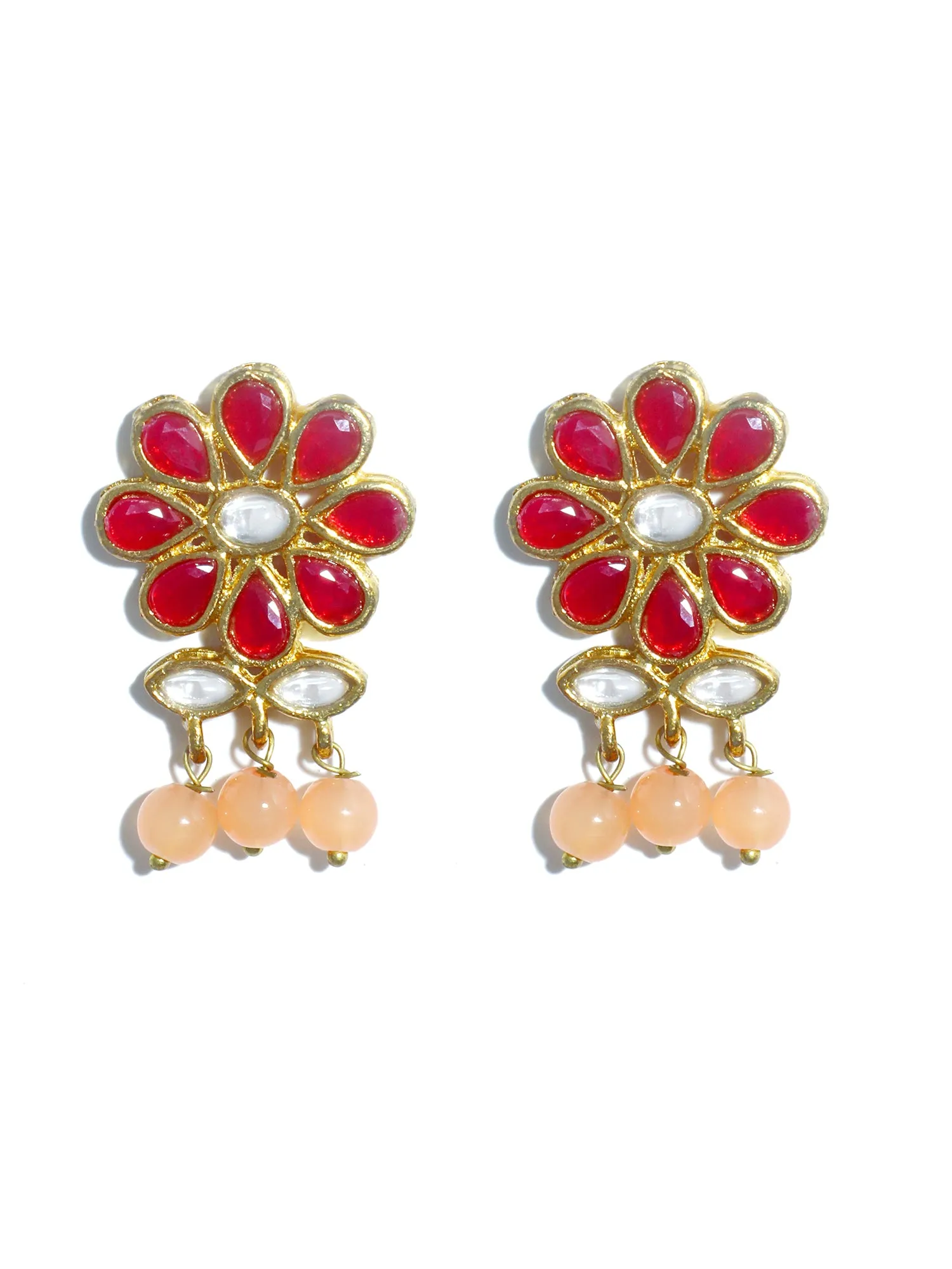 Gold Plated Peach Beads Red Kundan Dangler Earrings for Women