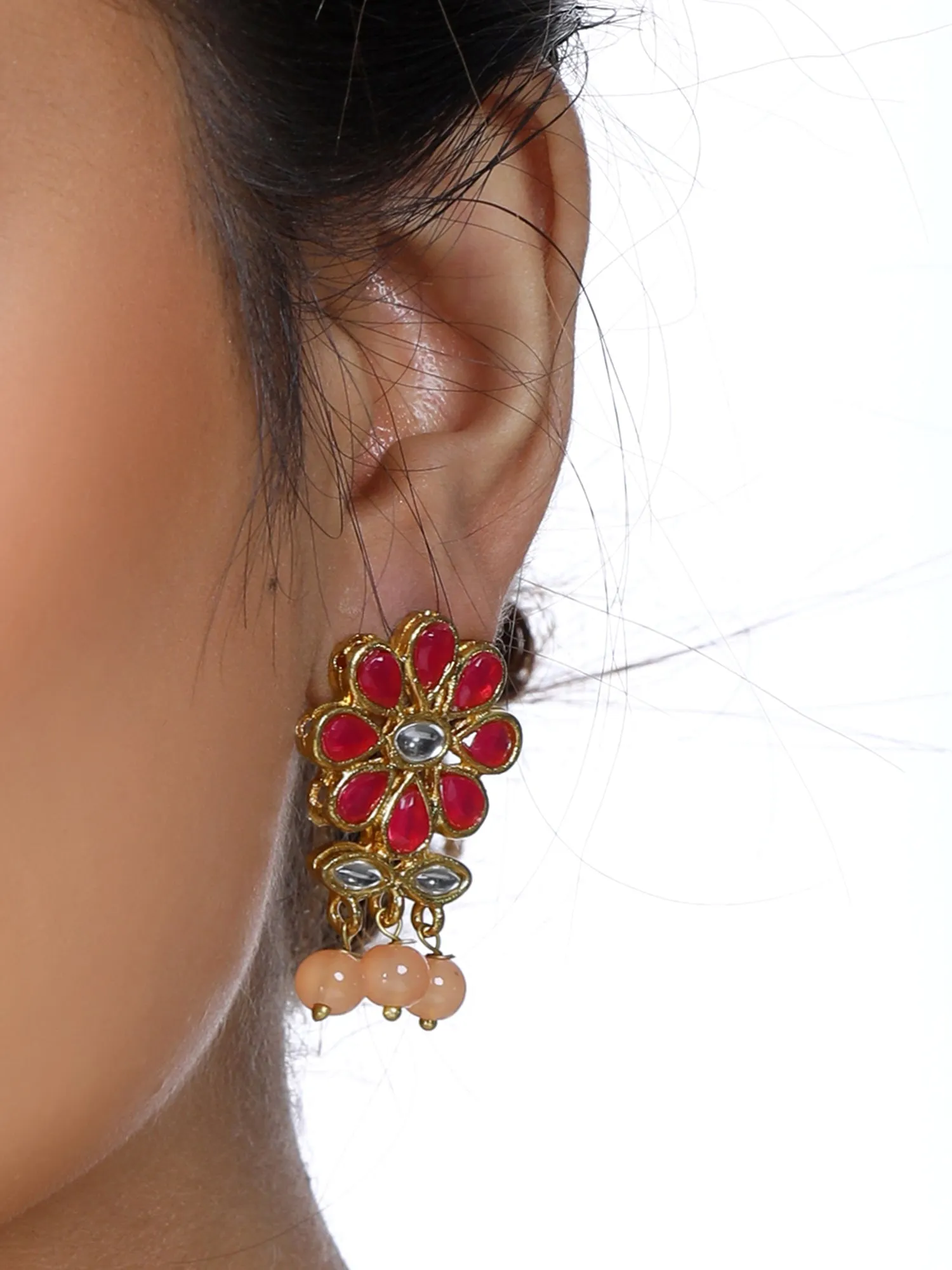 Gold Plated Peach Beads Red Kundan Dangler Earrings for Women