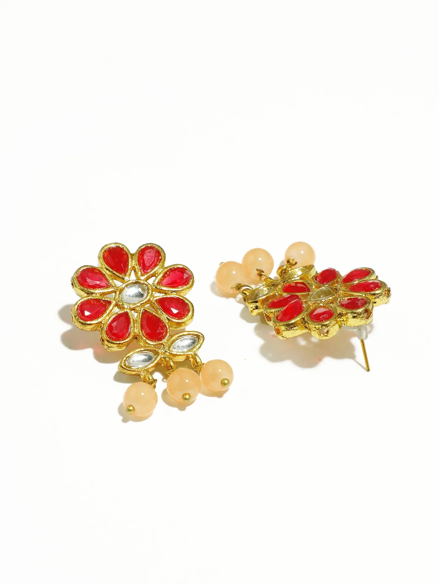 Gold Plated Peach Beads Red Kundan Dangler Earrings for Women