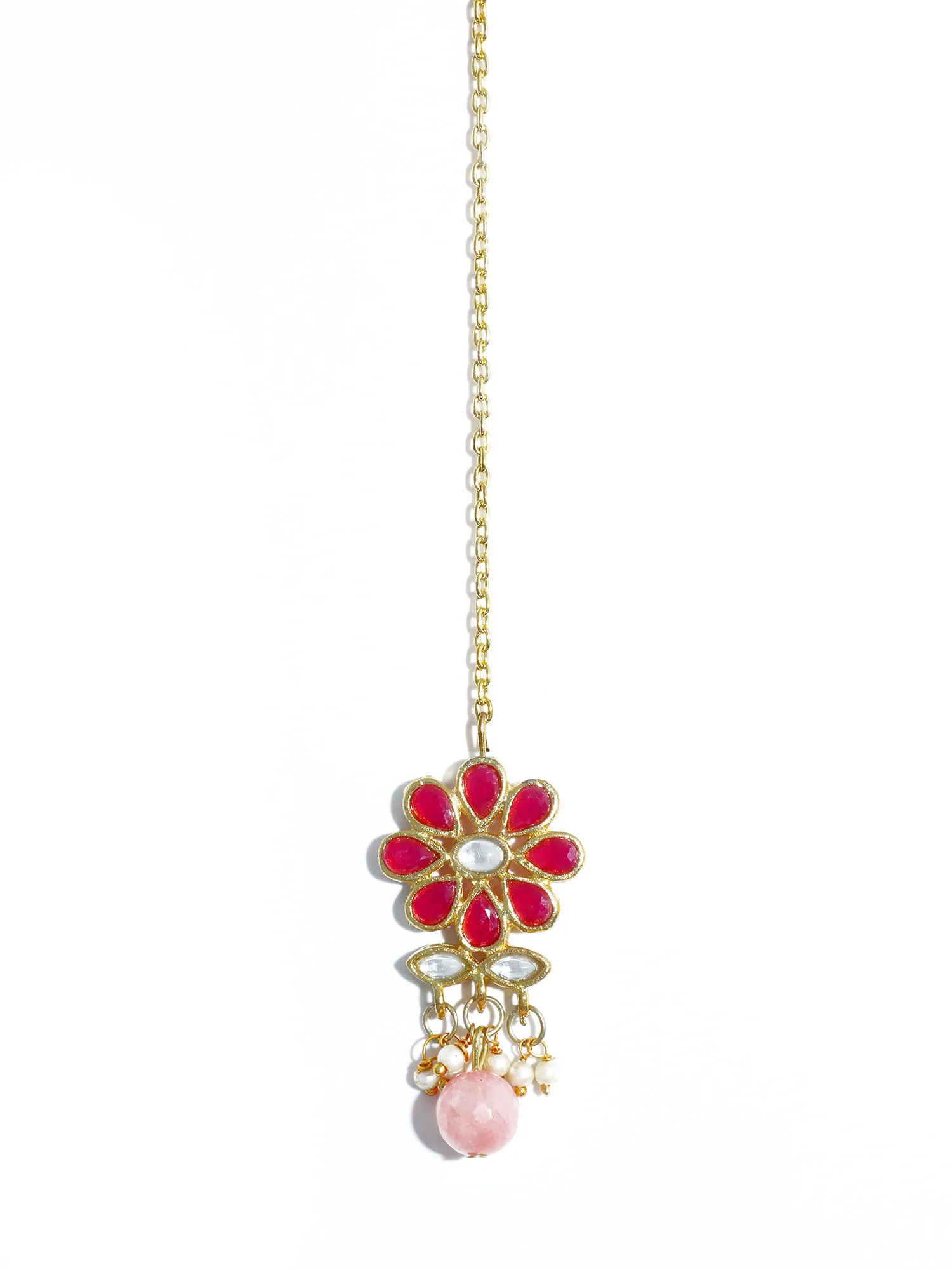 Gold Plated Peach Beads Red Kundan Dangler Earrings with Maangtikka for Women