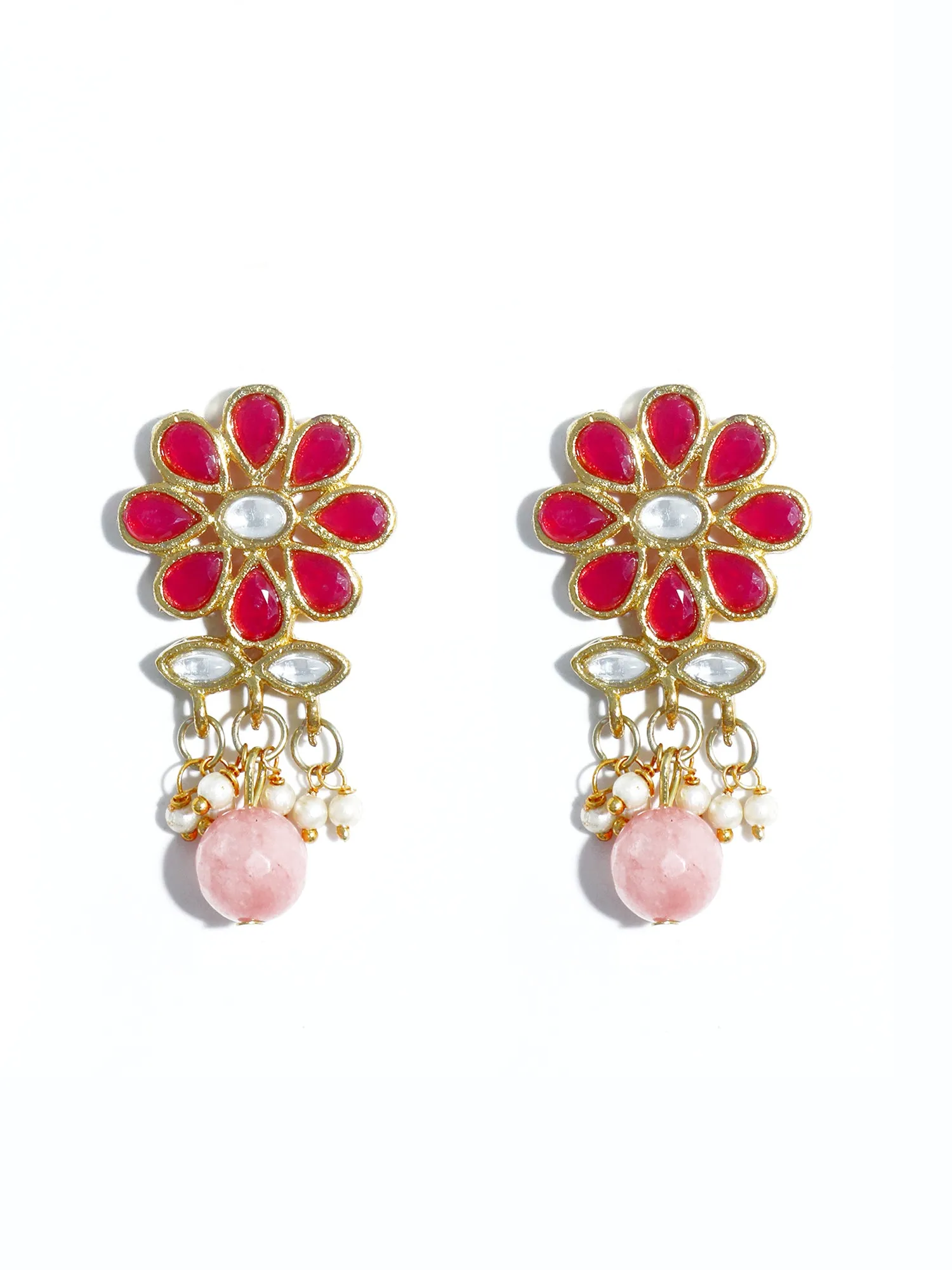 Gold Plated Peach Beads Red Kundan Dangler Earrings with Maangtikka for Women