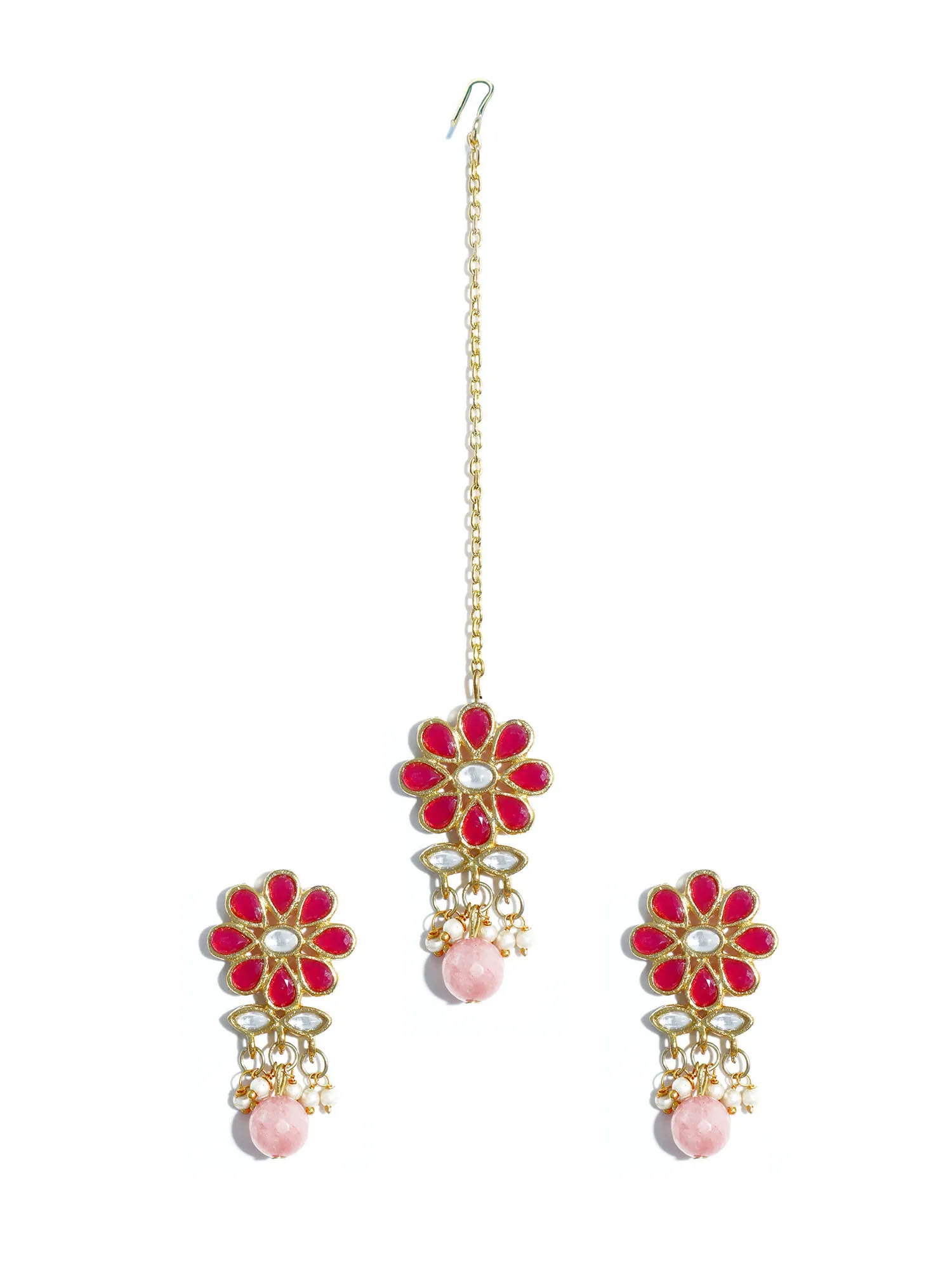 Gold Plated Peach Beads Red Kundan Dangler Earrings with Maangtikka for Women