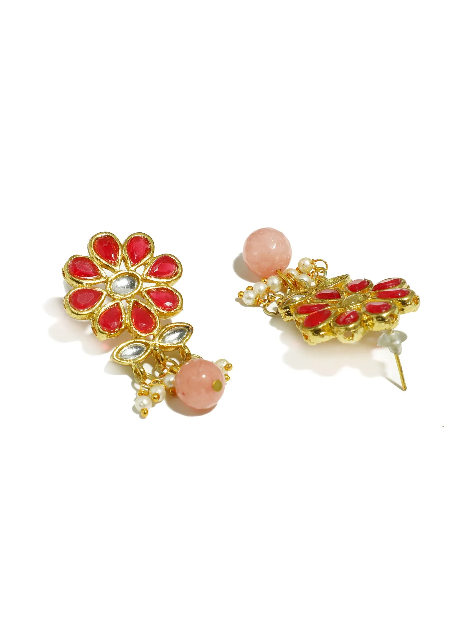 Gold Plated Peach Beads Red Kundan Dangler Earrings with Maangtikka for Women