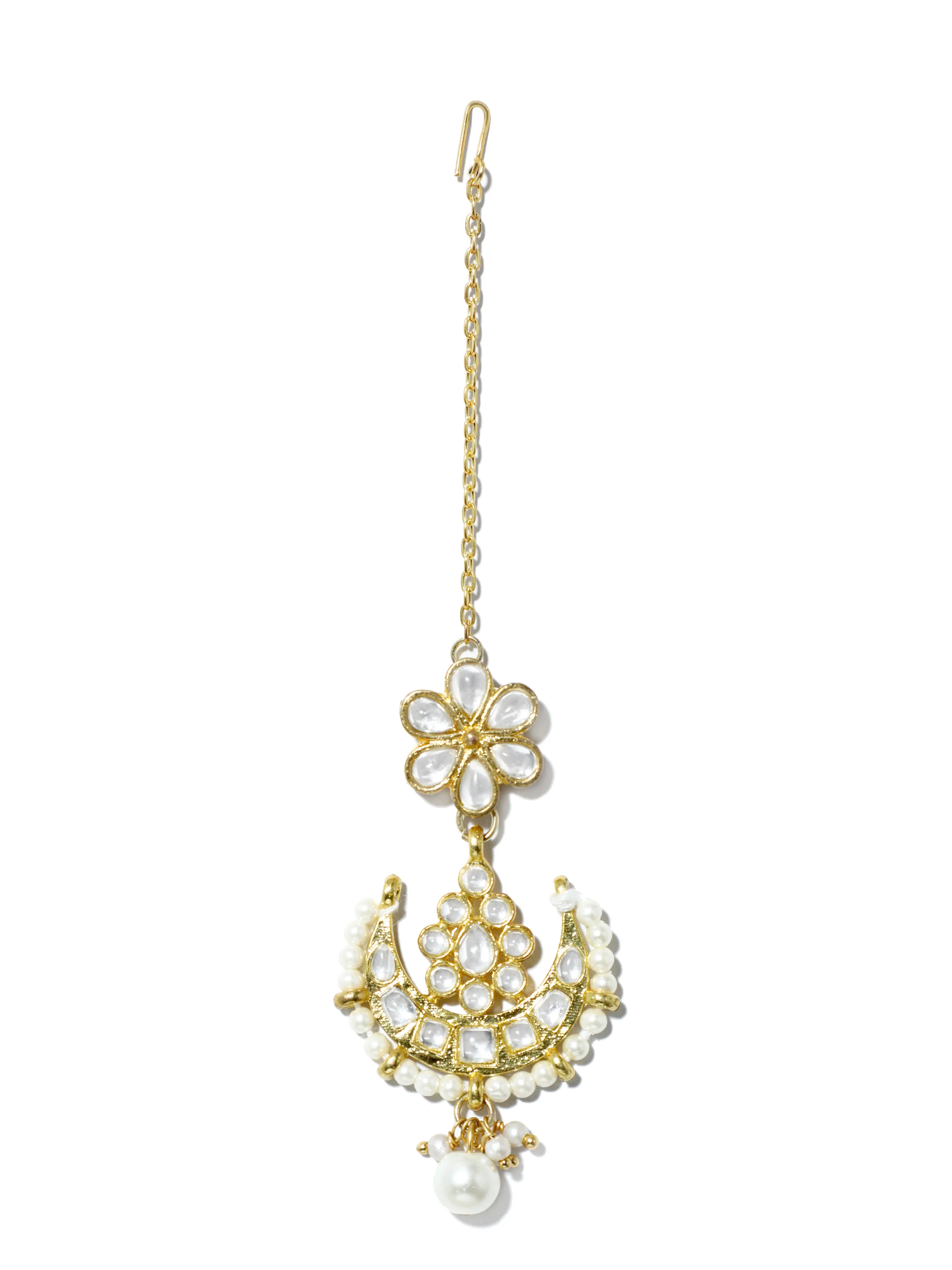 Gold Plated Pearl Bead Kundan Dangler Earrings with Maangtikka