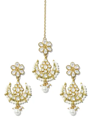 Gold Plated Pearl Bead Kundan Dangler Earrings with Maangtikka