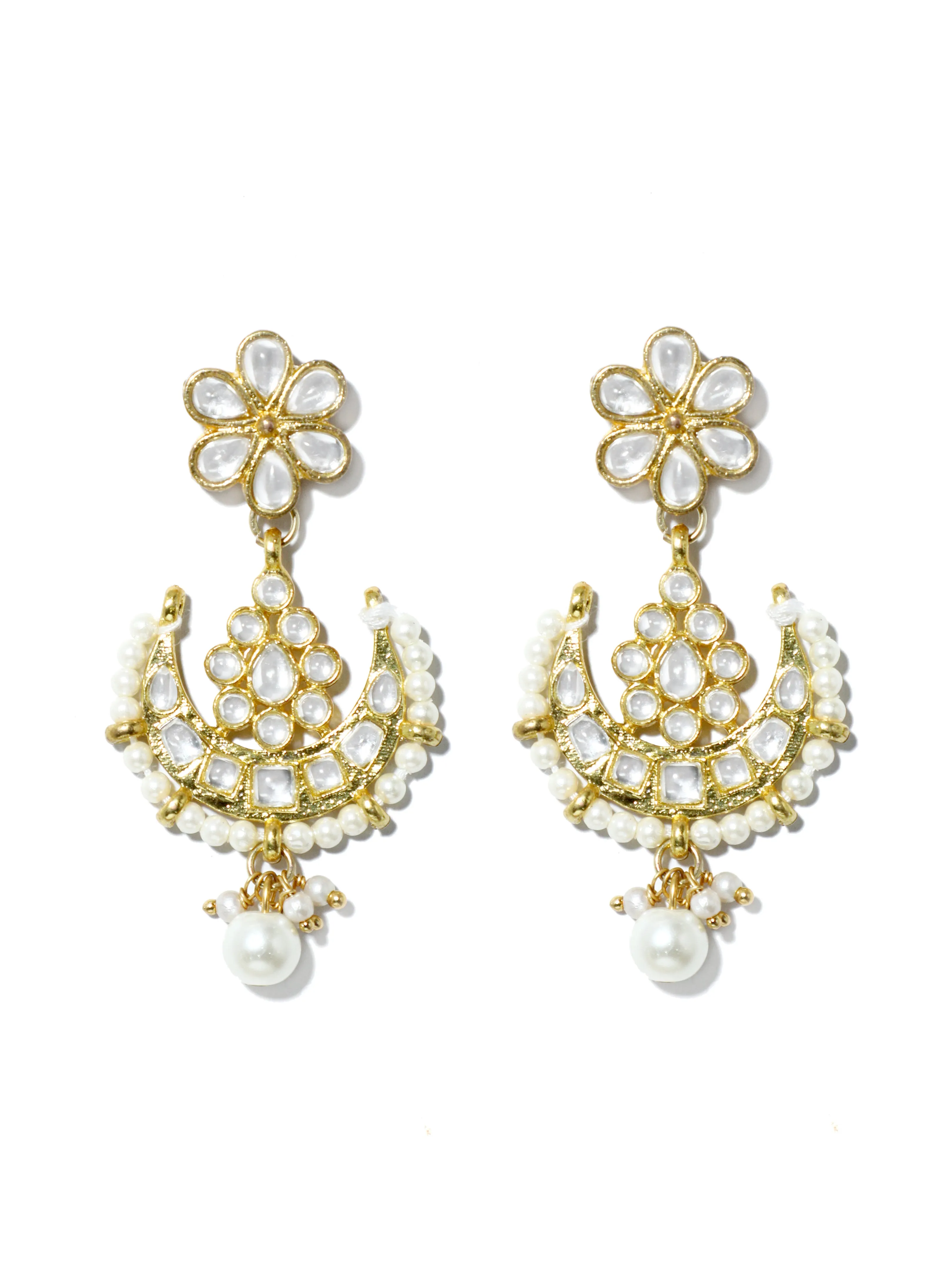 Gold Plated Pearl Bead Kundan Dangler Earrings with Maangtikka